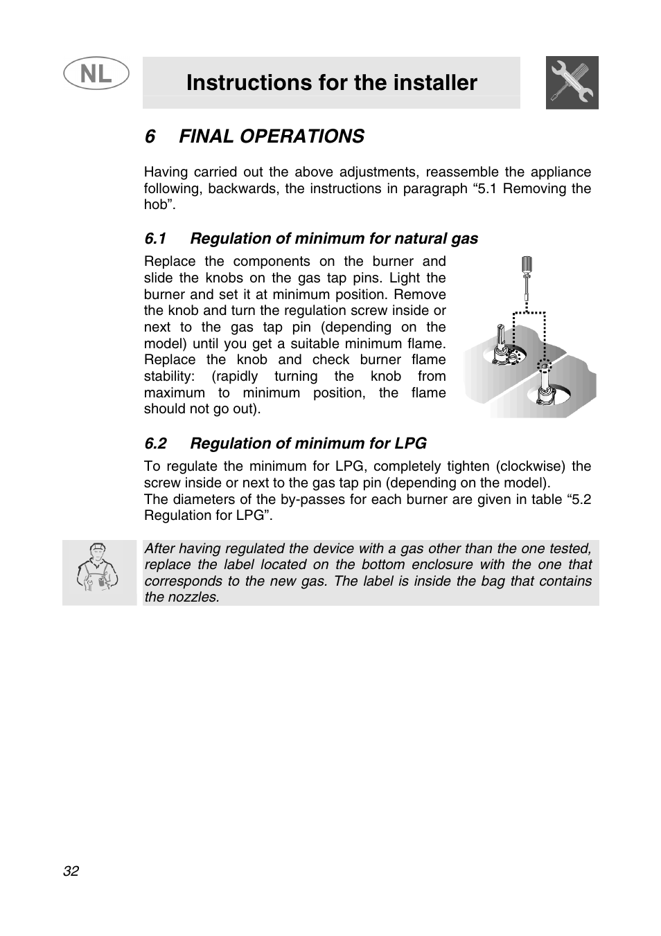 Instructions for the installer, 6final operations | Smeg SNL574GH User Manual | Page 12 / 17