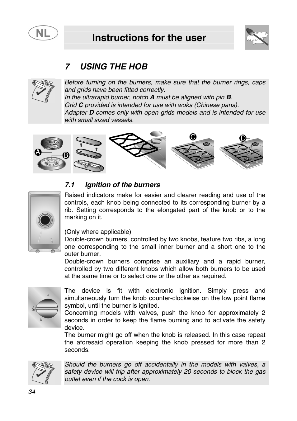 Instructions for the user, 7using the hob | Smeg SNL574GH User Manual | Page 14 / 17