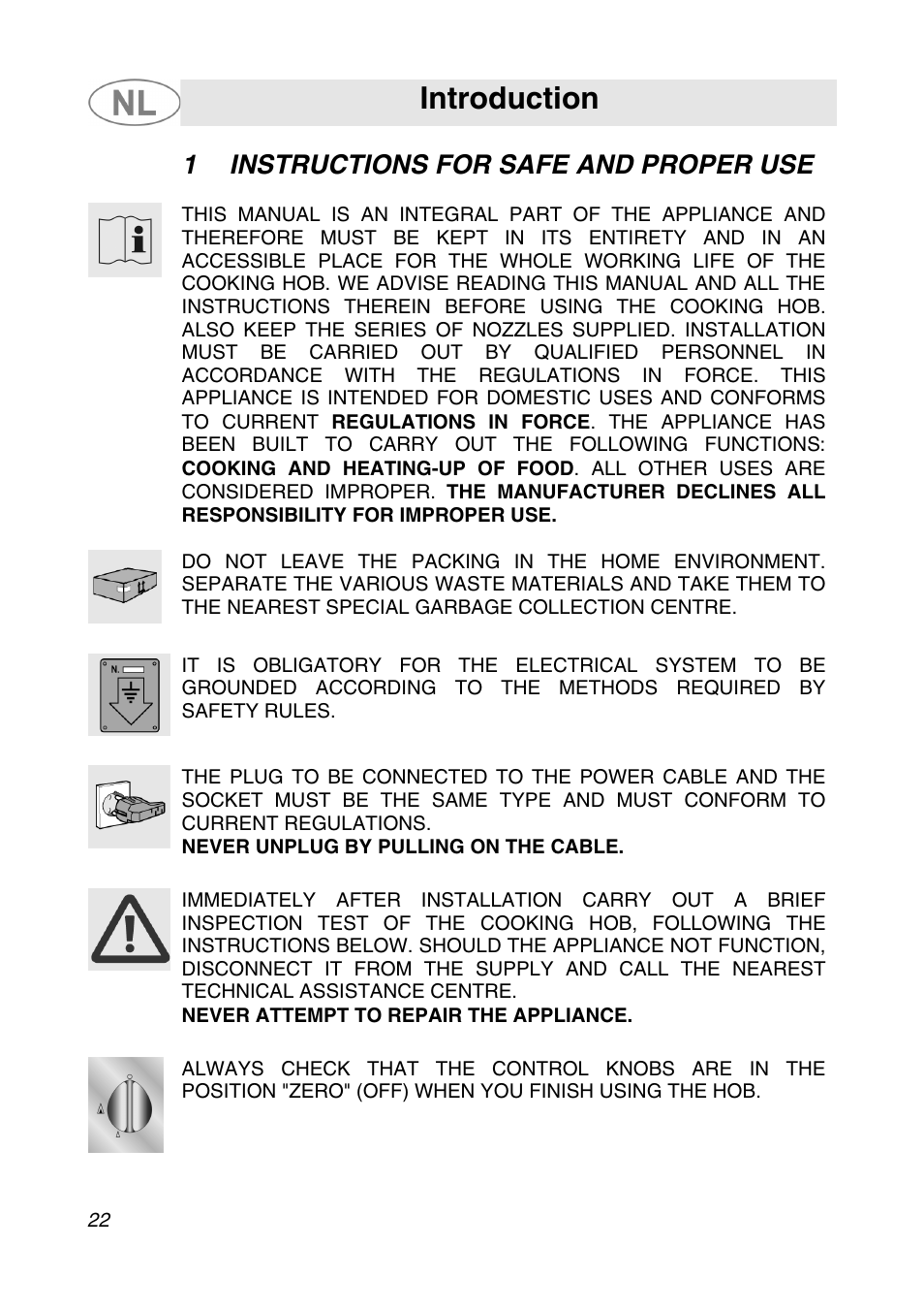 Introduction, 1instructions for safe and proper use | Smeg SNL574GH User Manual | Page 2 / 17