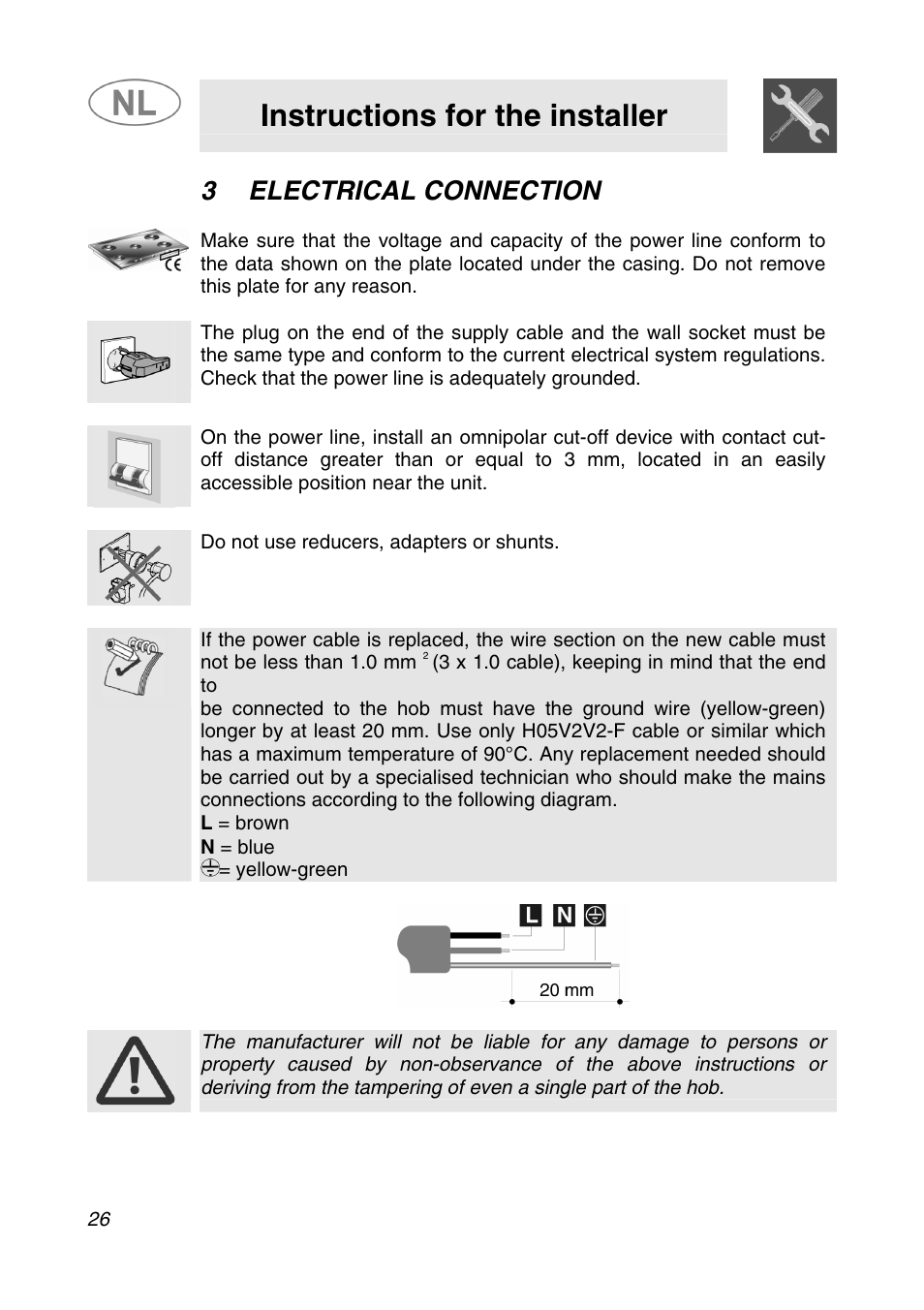 Instructions for the installer, 3electrical connection | Smeg SNL574GH User Manual | Page 6 / 17