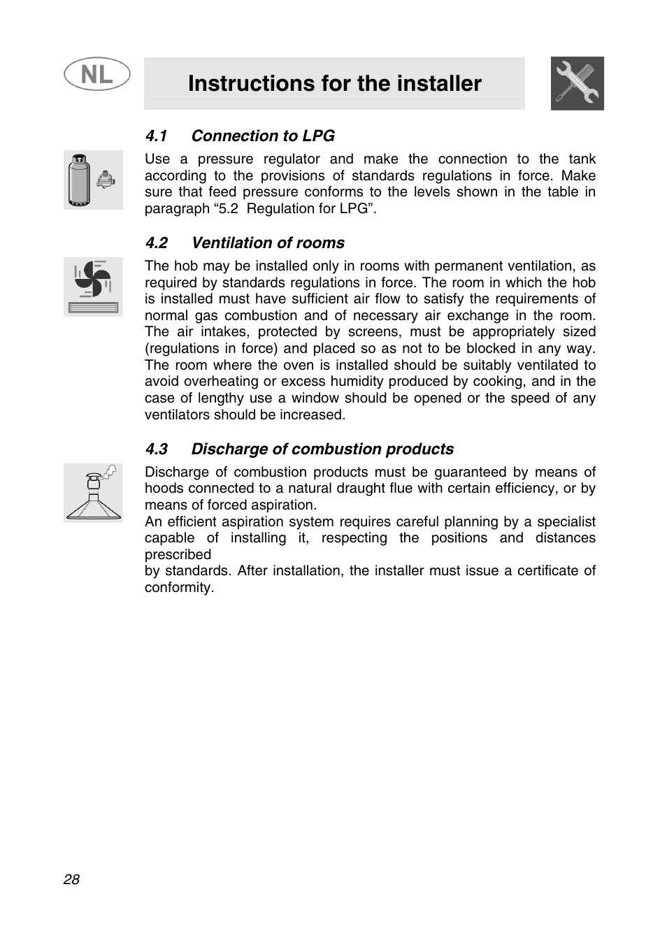 Instructions for the installer | Smeg SNL574GH User Manual | Page 8 / 17