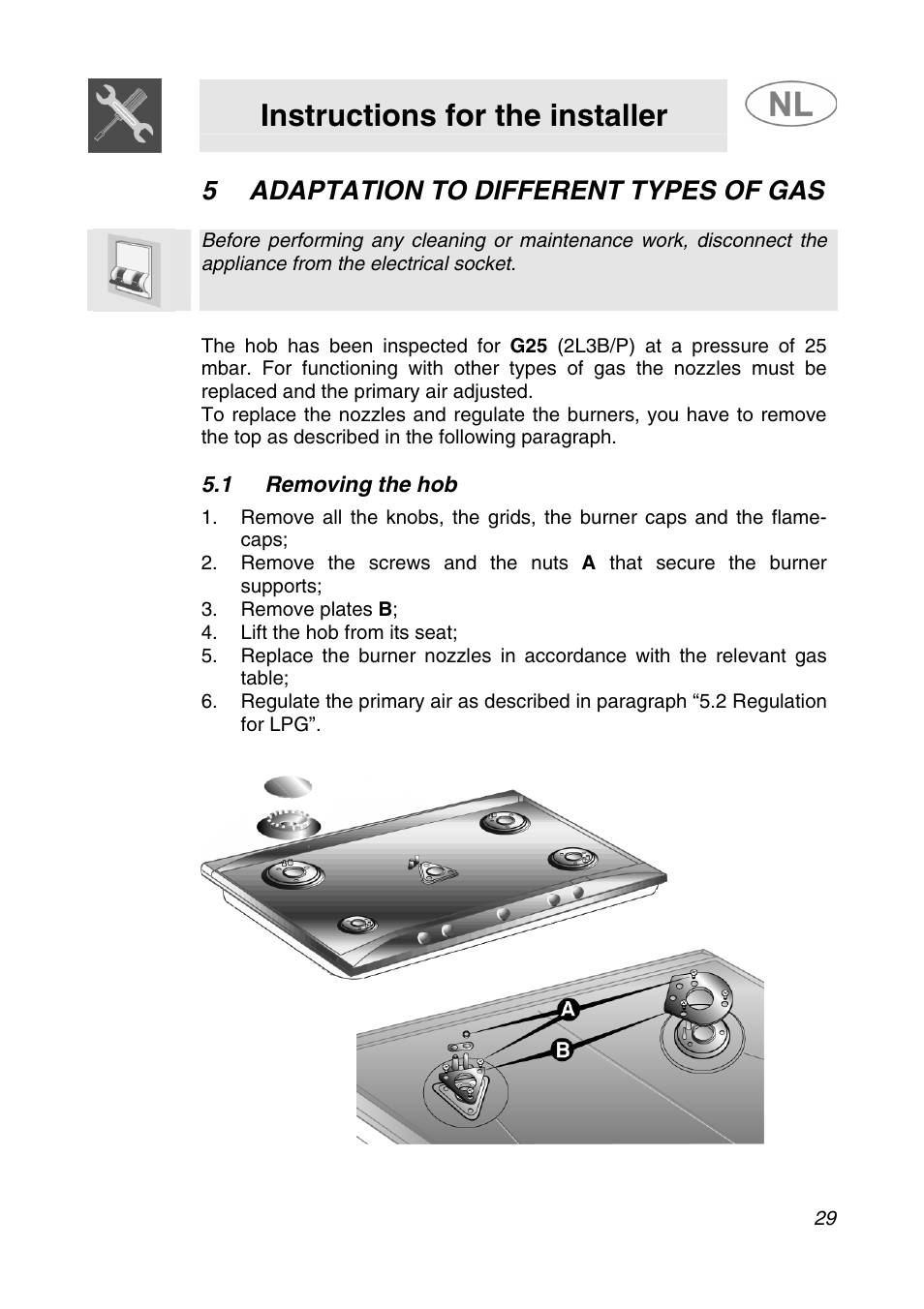 Instructions for the installer, 5adaptation to different types of gas | Smeg SNL574GH User Manual | Page 9 / 17