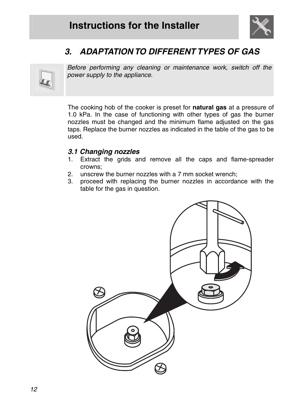 Adaptation to different types of gas, 1 changing nozzles, Instructions for the installer | Smeg A31X-6 User Manual | Page 10 / 40