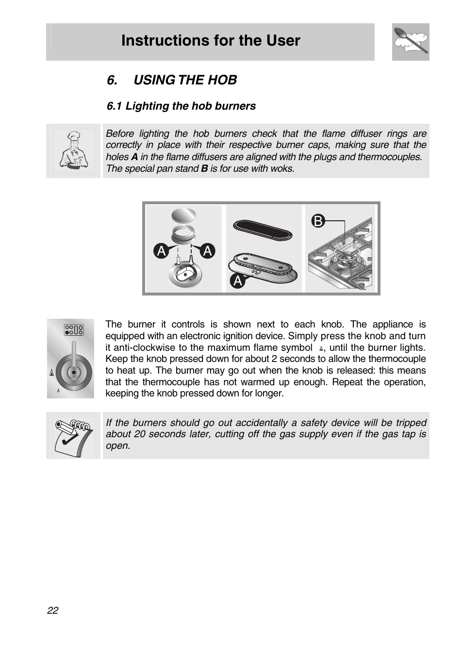 Using the hob, 1 lighting the hob burners, Instructions for the user | Lighting the hob burners | Smeg A31X-6 User Manual | Page 20 / 40