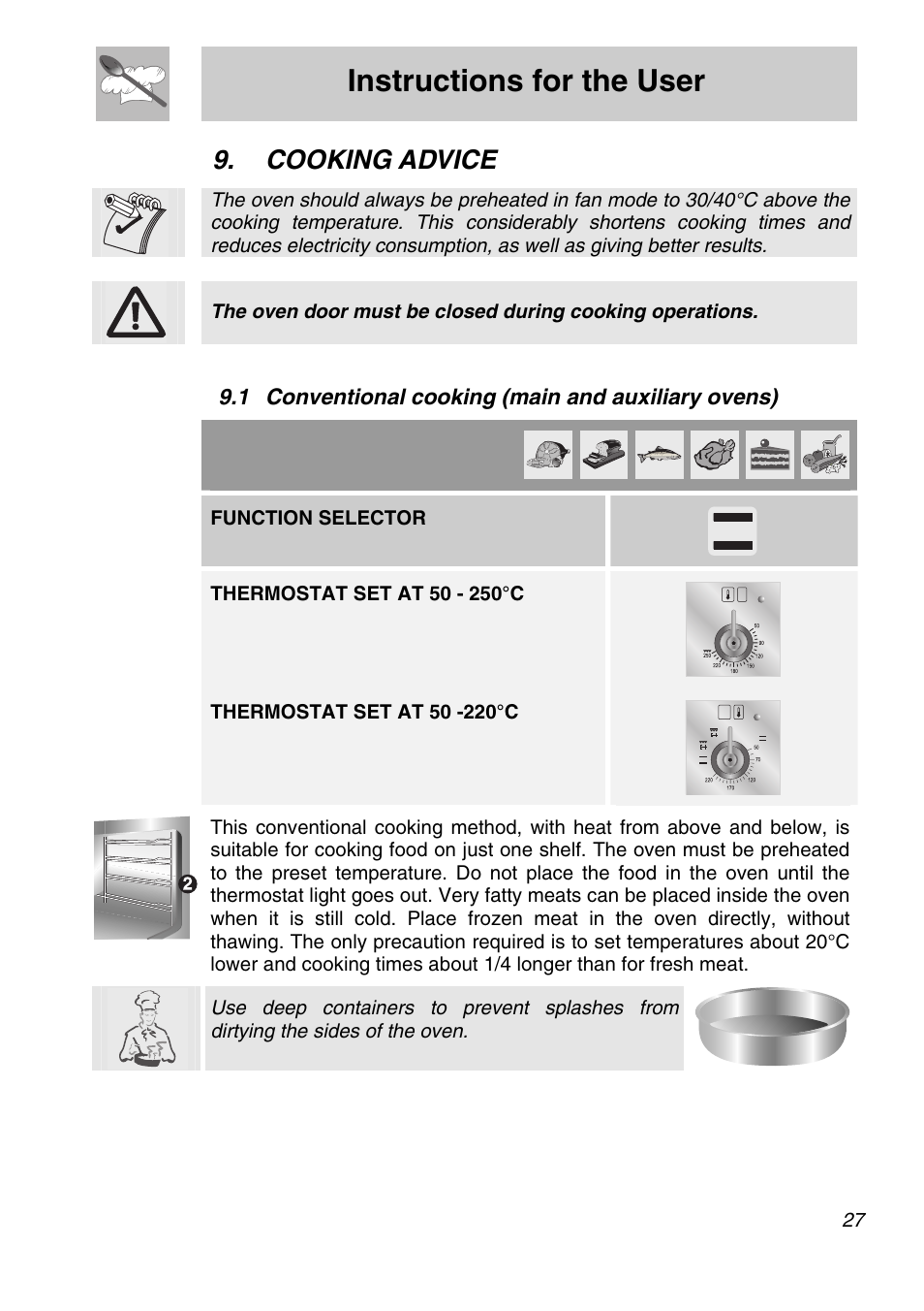 Cooking advice, 1 conventional cooking (main and auxiliary ovens), Instructions for the user | Smeg A31X-6 User Manual | Page 25 / 40