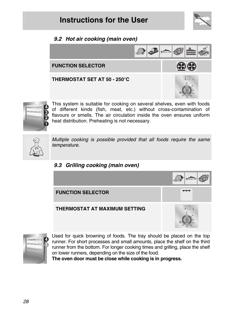 2 hot air cooking (main oven), 3 grilling cooking (main oven), Instructions for the user | Function selector, Thermostat at maximum setting | Smeg A31X-6 User Manual | Page 26 / 40