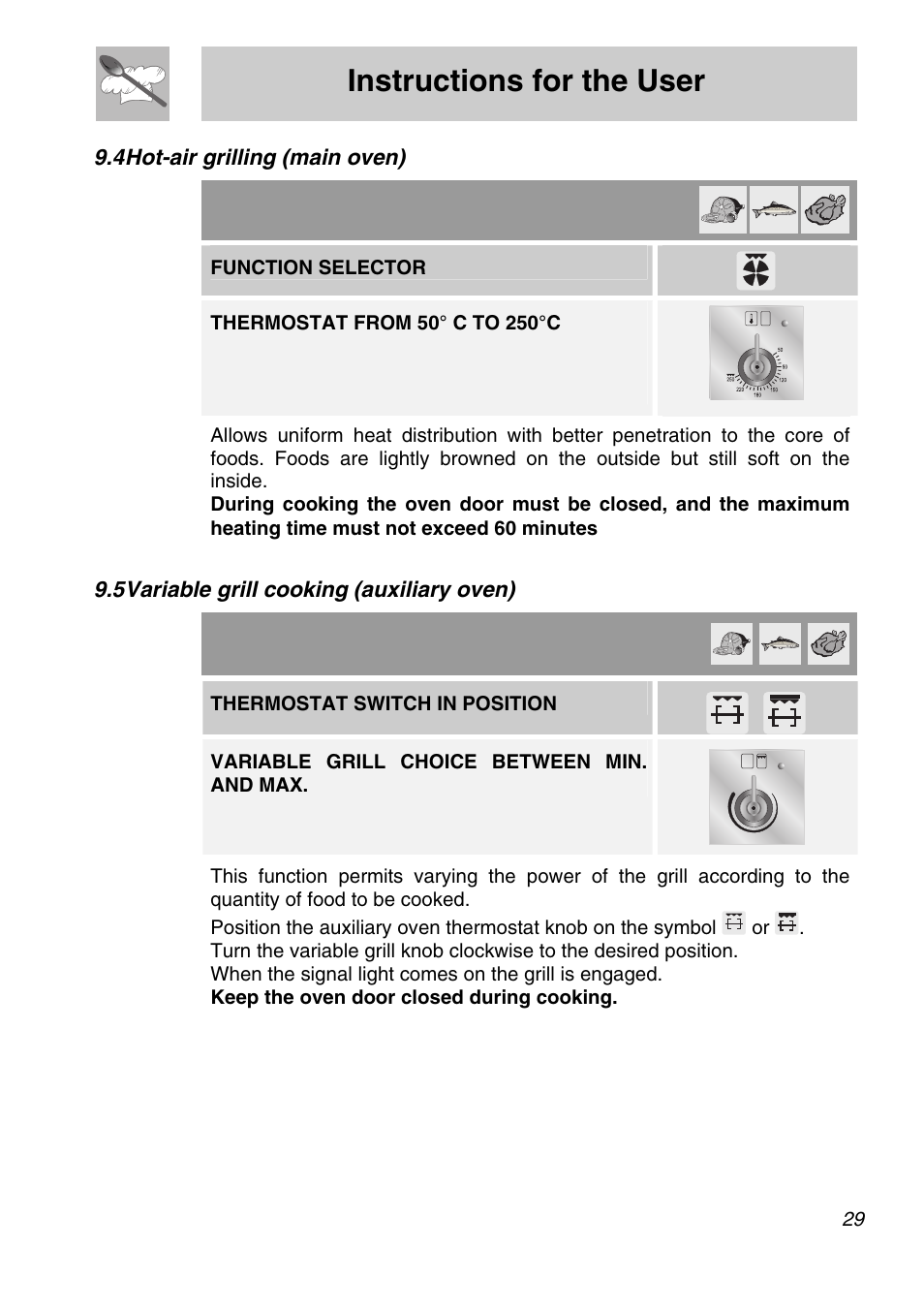 4 hot-air grilling (main oven), 5 variable grill cooking (auxiliary oven), Instructions for the user | Variable grill cooking (auxiliary oven), Function selector, Thermostat switch in position, Variable grill choice between min. and max | Smeg A31X-6 User Manual | Page 27 / 40