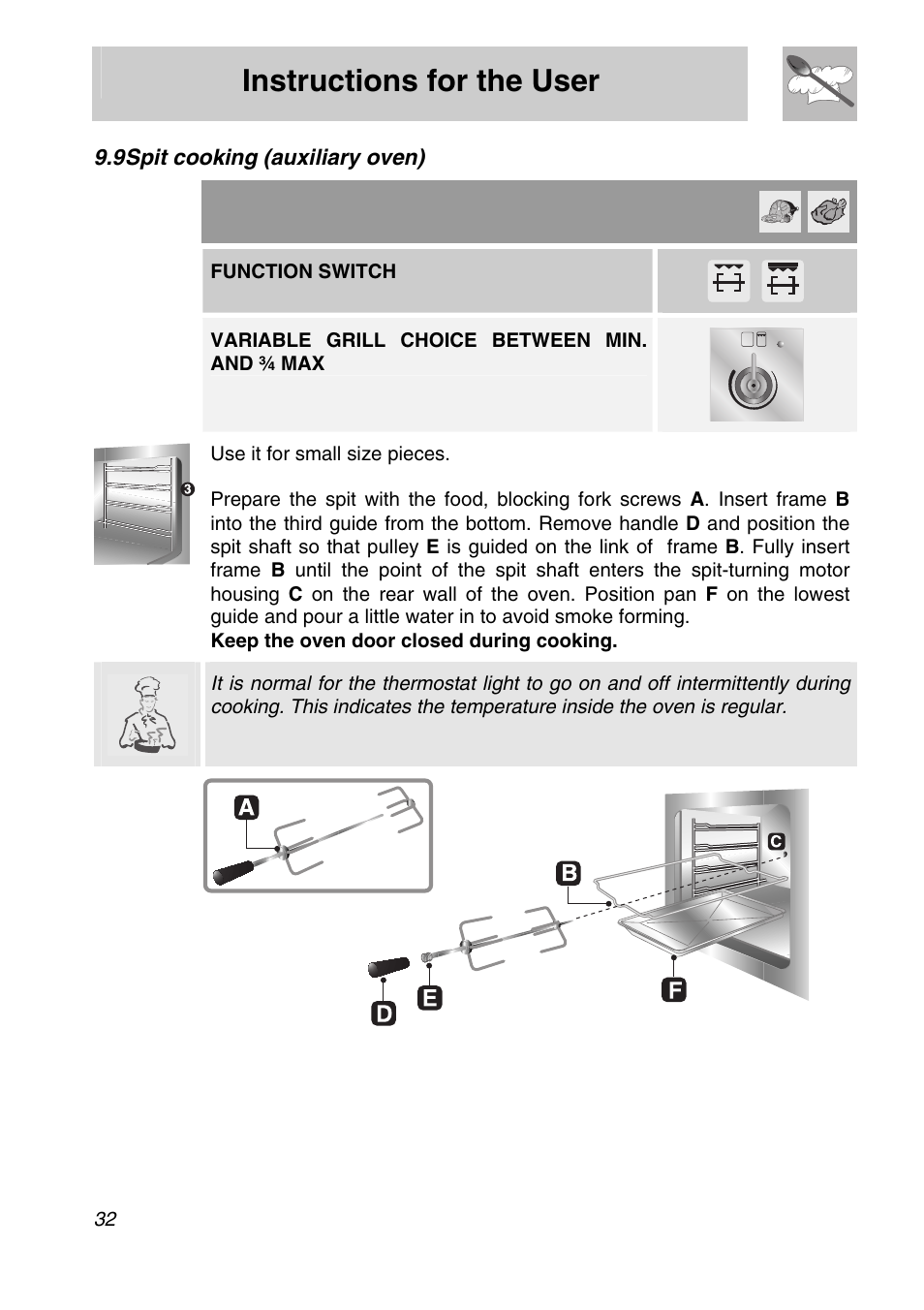 9 spit cooking (auxiliary oven), Instructions for the user, Function switch | Variable grill choice between min. and ¾ max | Smeg A31X-6 User Manual | Page 30 / 40
