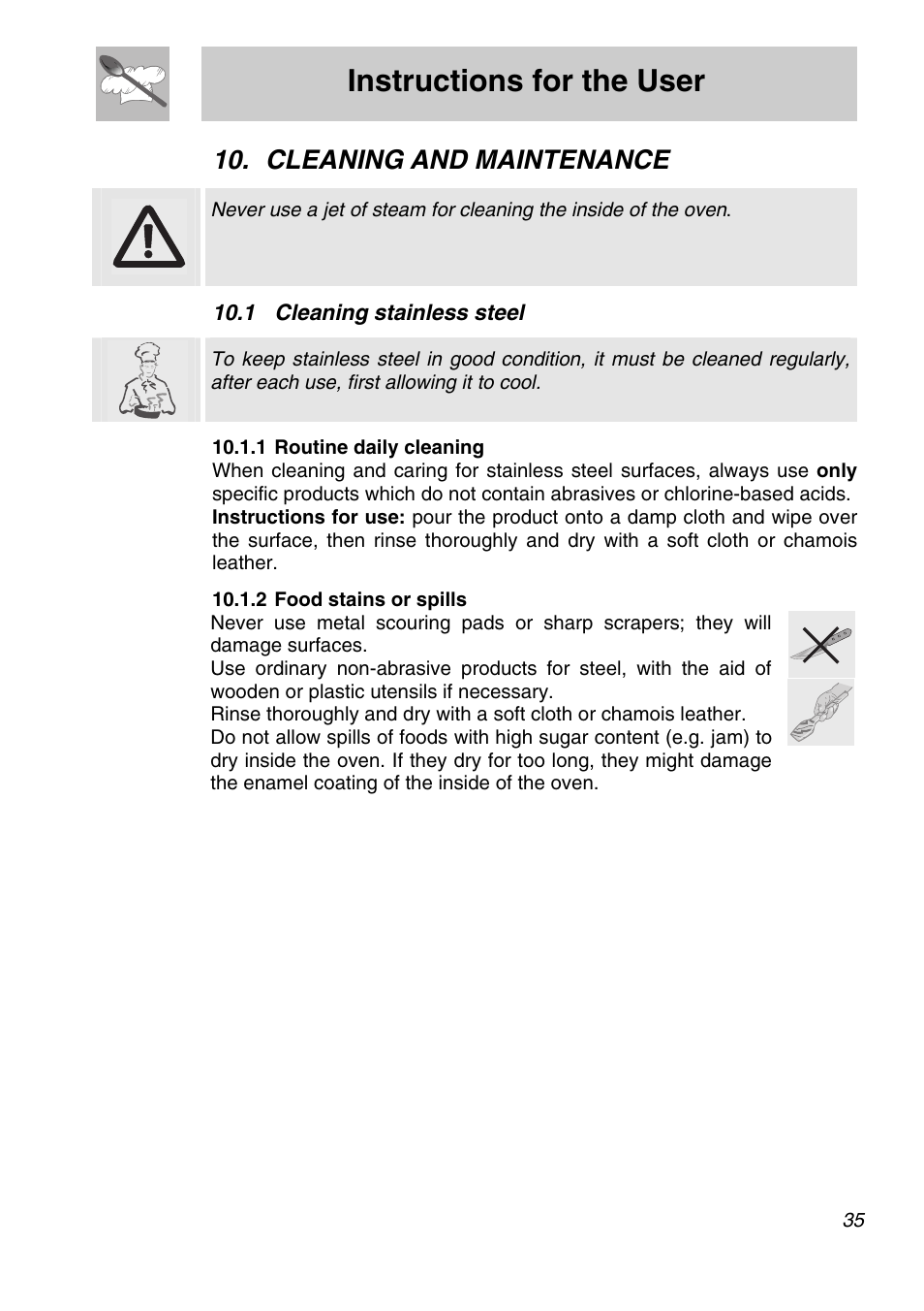 Cleaning and maintenance, 1 cleaning stainless steel, 1 routine daily cleaning | 2 food stains or spills, Instructions for the user | Smeg A31X-6 User Manual | Page 33 / 40