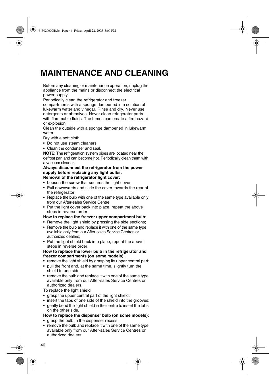 Maintenance and cleaning | Smeg American Style Fridge Freezer FA550X User Manual | Page 19 / 37