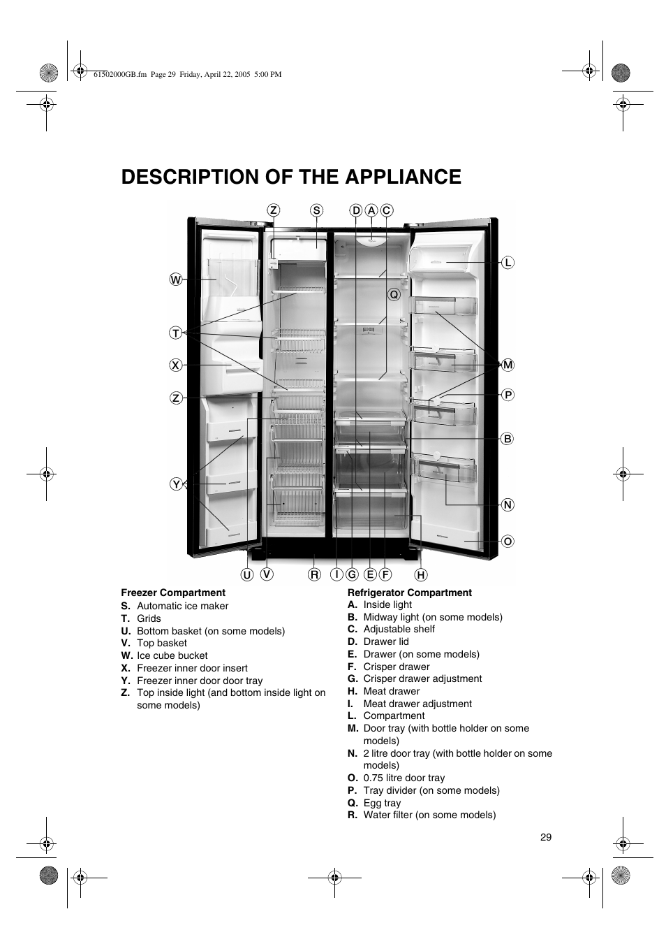 Description of the appliance | Smeg American Style Fridge Freezer FA550X User Manual | Page 2 / 37