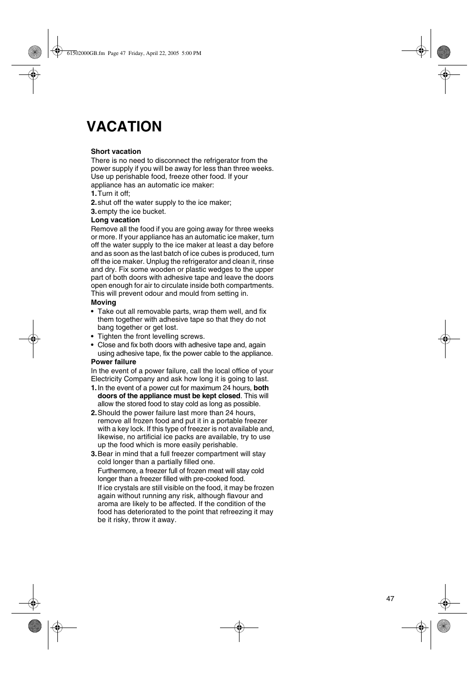 Vacation | Smeg American Style Fridge Freezer FA550X User Manual | Page 20 / 37