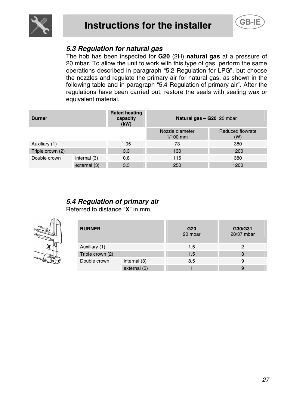 Instructions for the installer, 3 regulation for natural gas, 4 regulation of primary air | Referred to distance “ x ” in mm | Smeg ER12550NL User Manual | Page 10 / 15