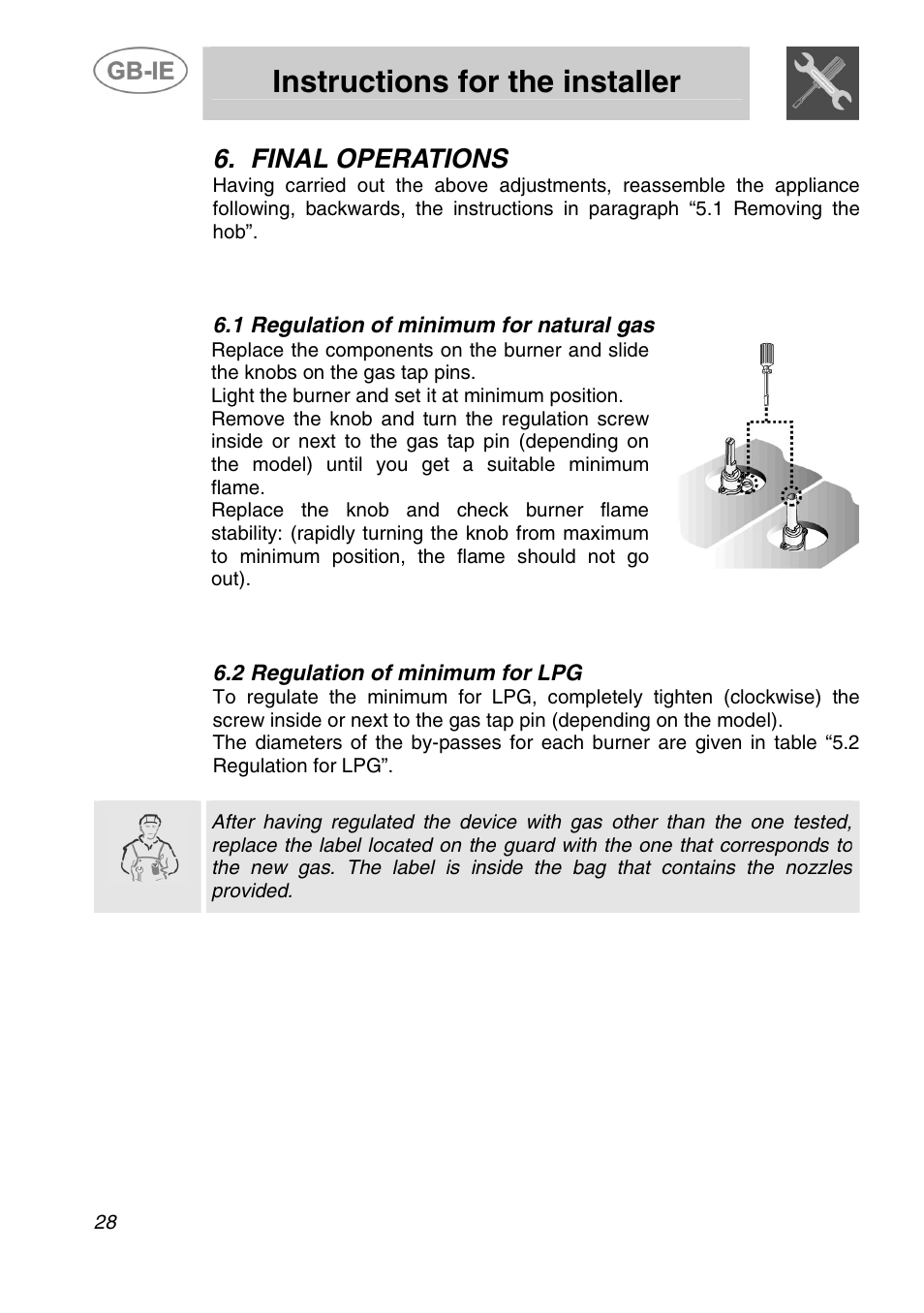 Instructions for the installer, Final operations, 1 regulation of minimum for natural gas | 2 regulation of minimum for lpg | Smeg ER12550NL User Manual | Page 11 / 15