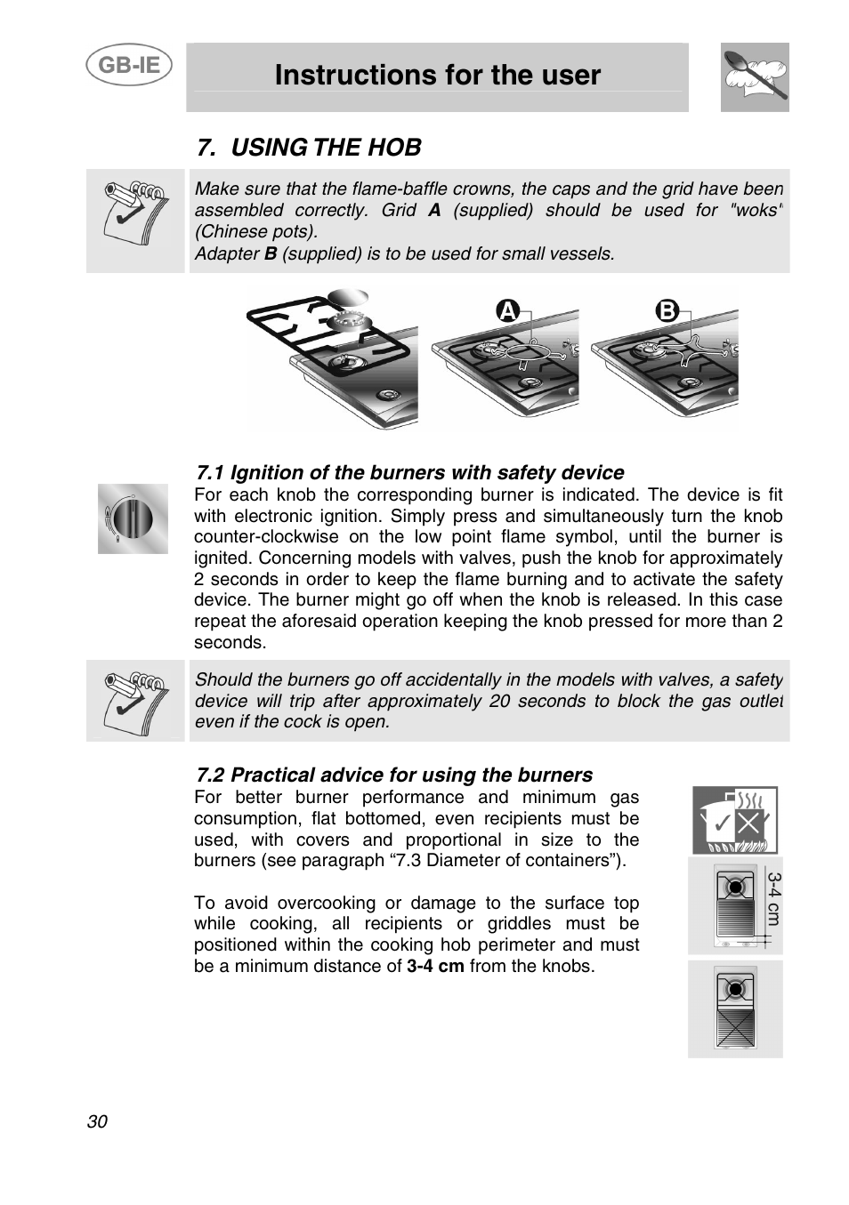 Instructions for the user, Using the hob, 1 ignition of the burners with safety device | 2 practical advice for using the burners | Smeg ER12550NL User Manual | Page 13 / 15