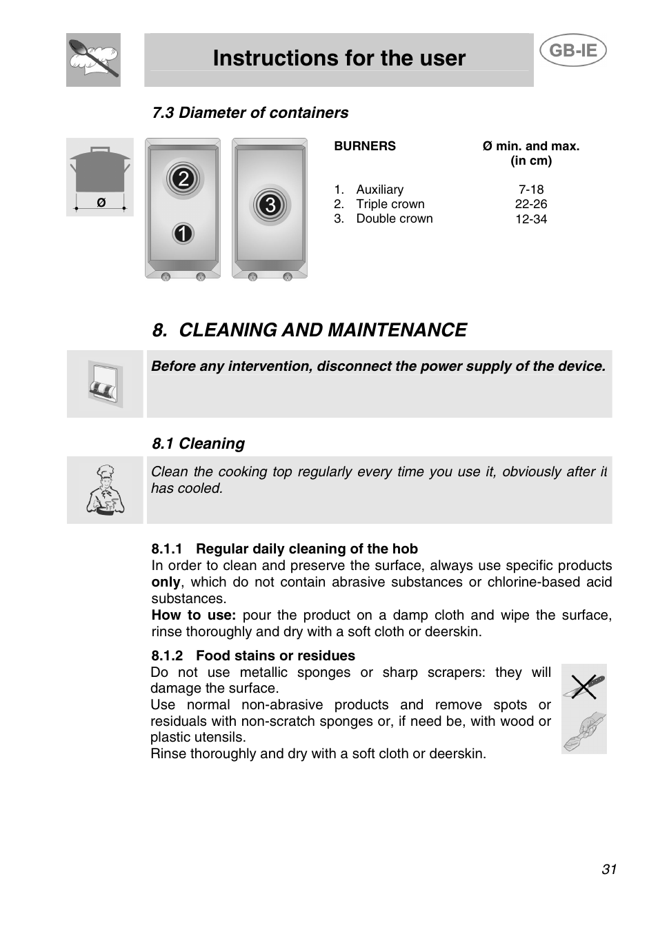Instructions for the user, Cleaning and maintenance, 3 diameter of containers | 1 cleaning | Smeg ER12550NL User Manual | Page 14 / 15