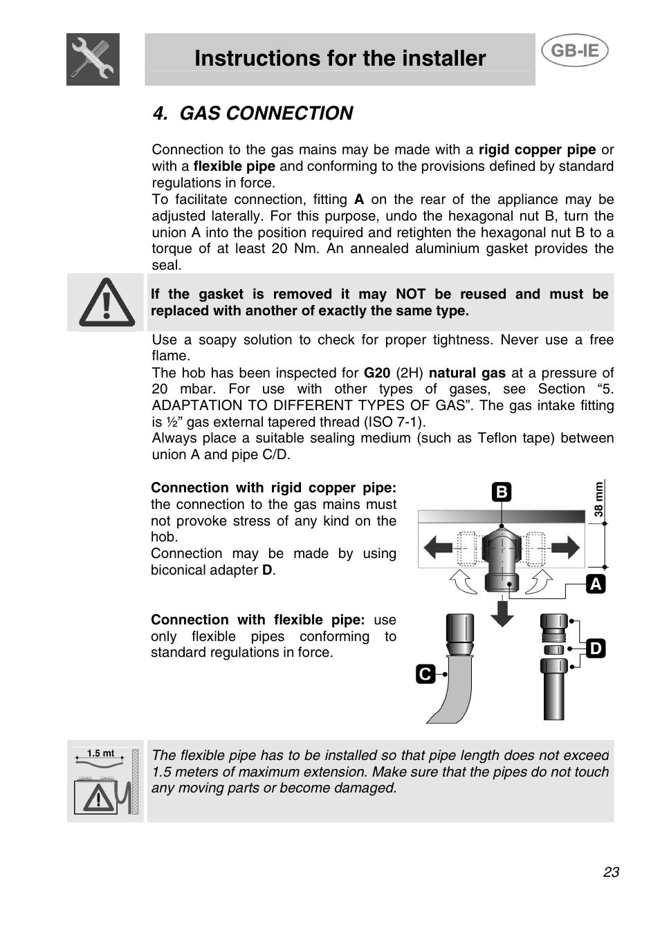 Instructions for the installer, Gas connection | Smeg ER12550NL User Manual | Page 6 / 15