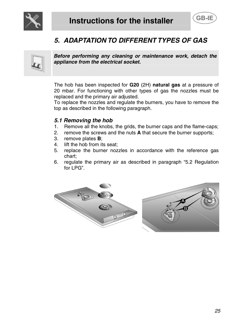 Instructions for the installer, Adaptation to different types of gas | Smeg ER12550NL User Manual | Page 8 / 15