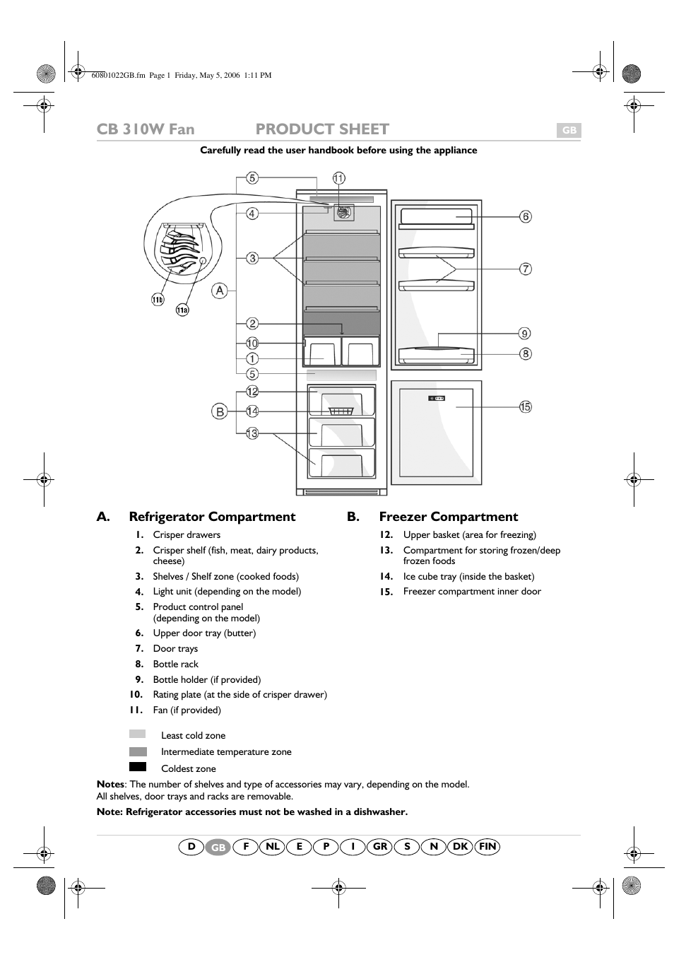 Cb 310w fan product sheet, A. refrigerator compartment, B. freezer compartment | Smeg CR328APZD User Manual | Page 14 / 15