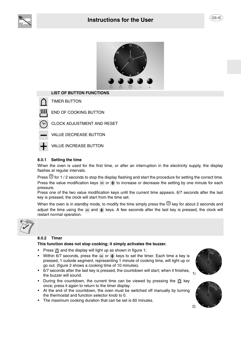 Electronic analogue clock (on some models only), 1 setting the time, 2 timer | Instructions for the user | Smeg FP130N User Manual | Page 10 / 27