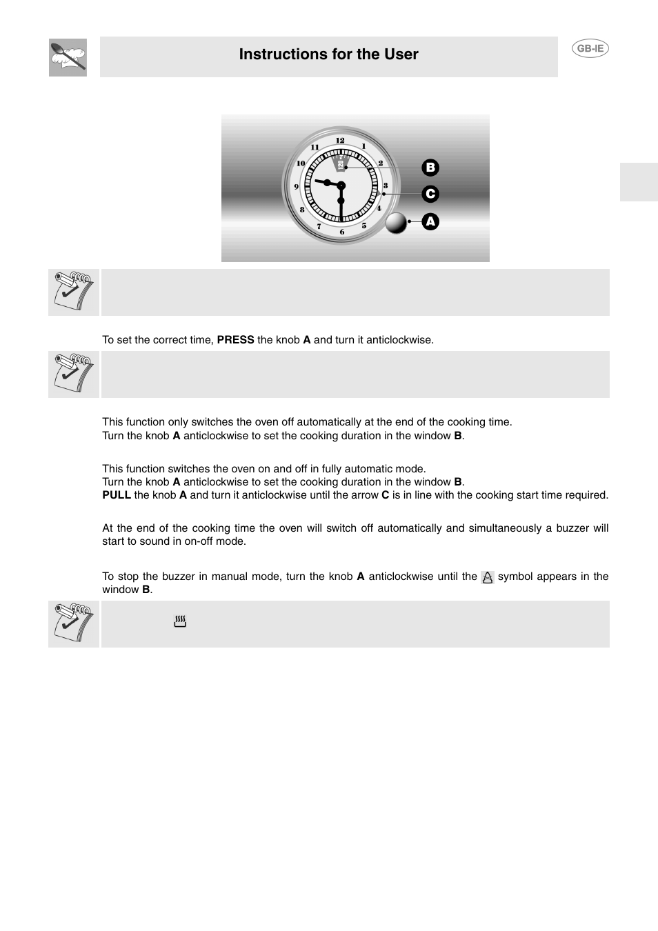 Clock and programmer (on some models only), 1 setting the time, 2 semiautomatic cooking | 3 automatic cooking, 4 end of cooking, 5 stopping the buzzer, Instructions for the user | Smeg FP130N User Manual | Page 12 / 27