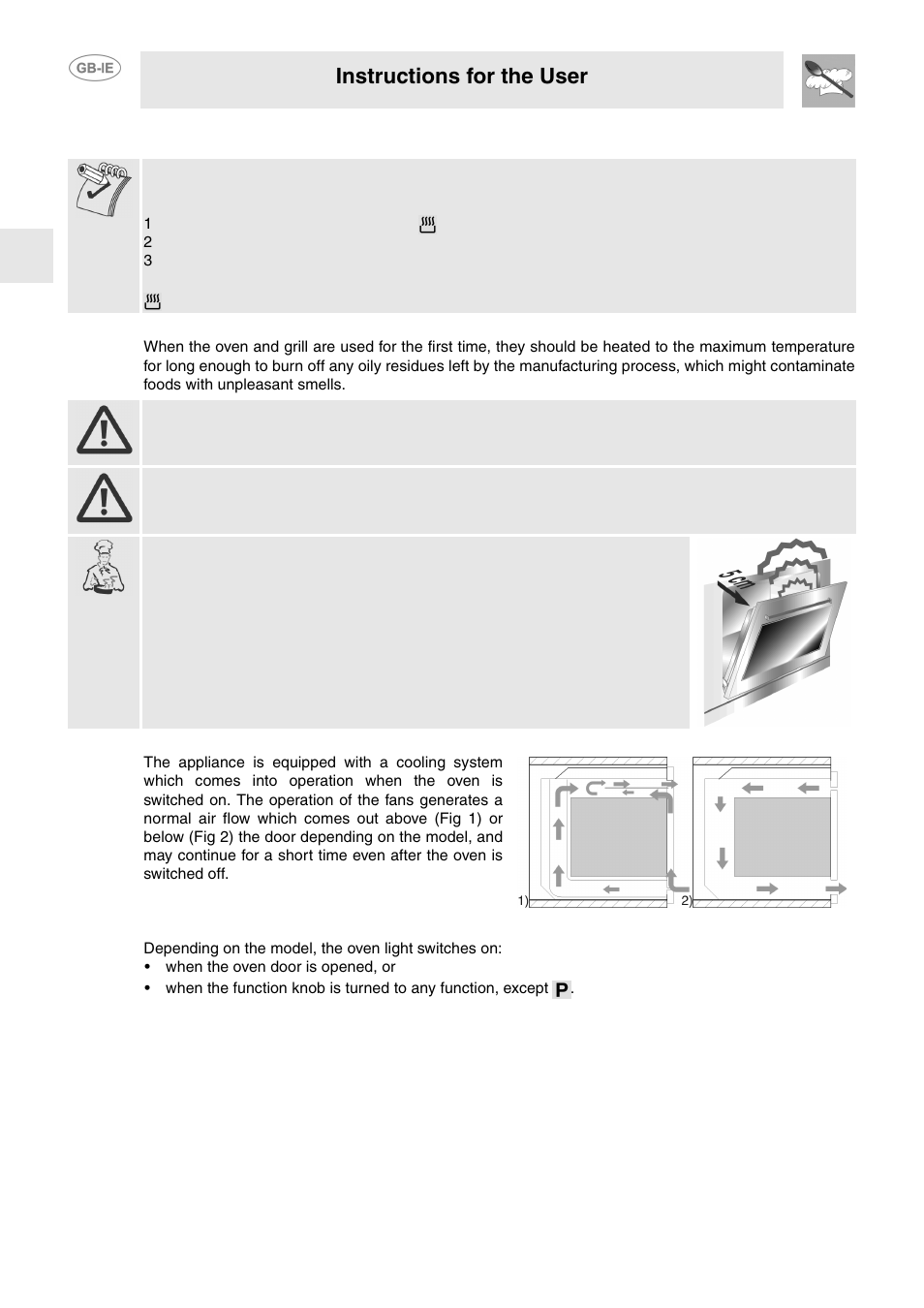 Using the oven, 2 turn the thermostat, 3 turn the function selector knob to any function | 1 precautions and general advice, 2 cooling fan system (all models), 3 inside light, Instructions for the user | Smeg FP130N User Manual | Page 13 / 27