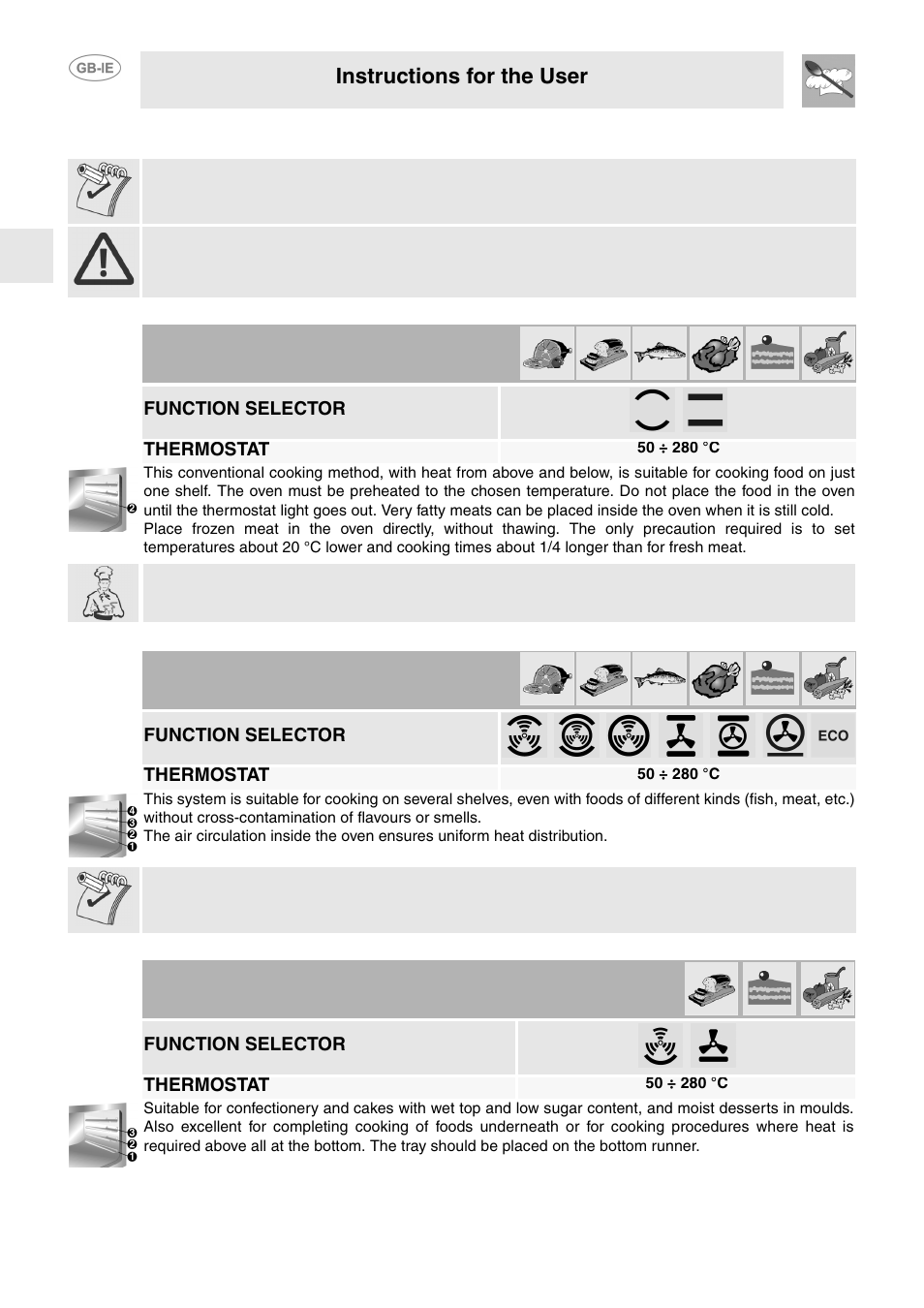 Cooking advice, 1 conventional cooking, 2 hot air cooking | 3 delicate cooking, Instructions for the user, Function selector, Thermostat | Smeg FP130N User Manual | Page 15 / 27