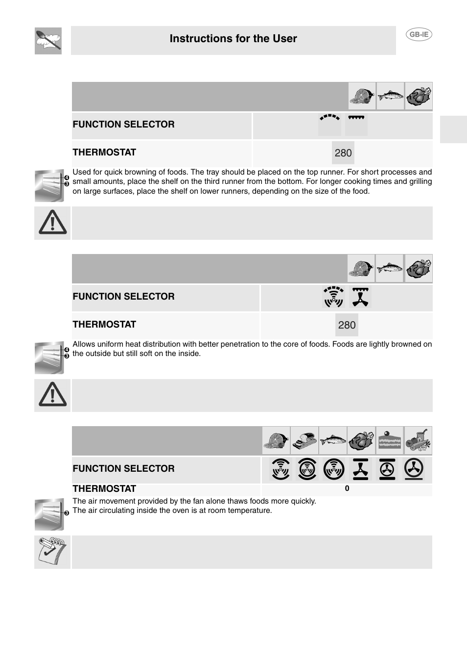 4 grilling, 5 hot air grilling, 6 thawing | 4 grilling 12.5 hot air grilling 12.6 thawing, Instructions for the user, Function selector, Thermostat | Smeg FP130N User Manual | Page 16 / 27