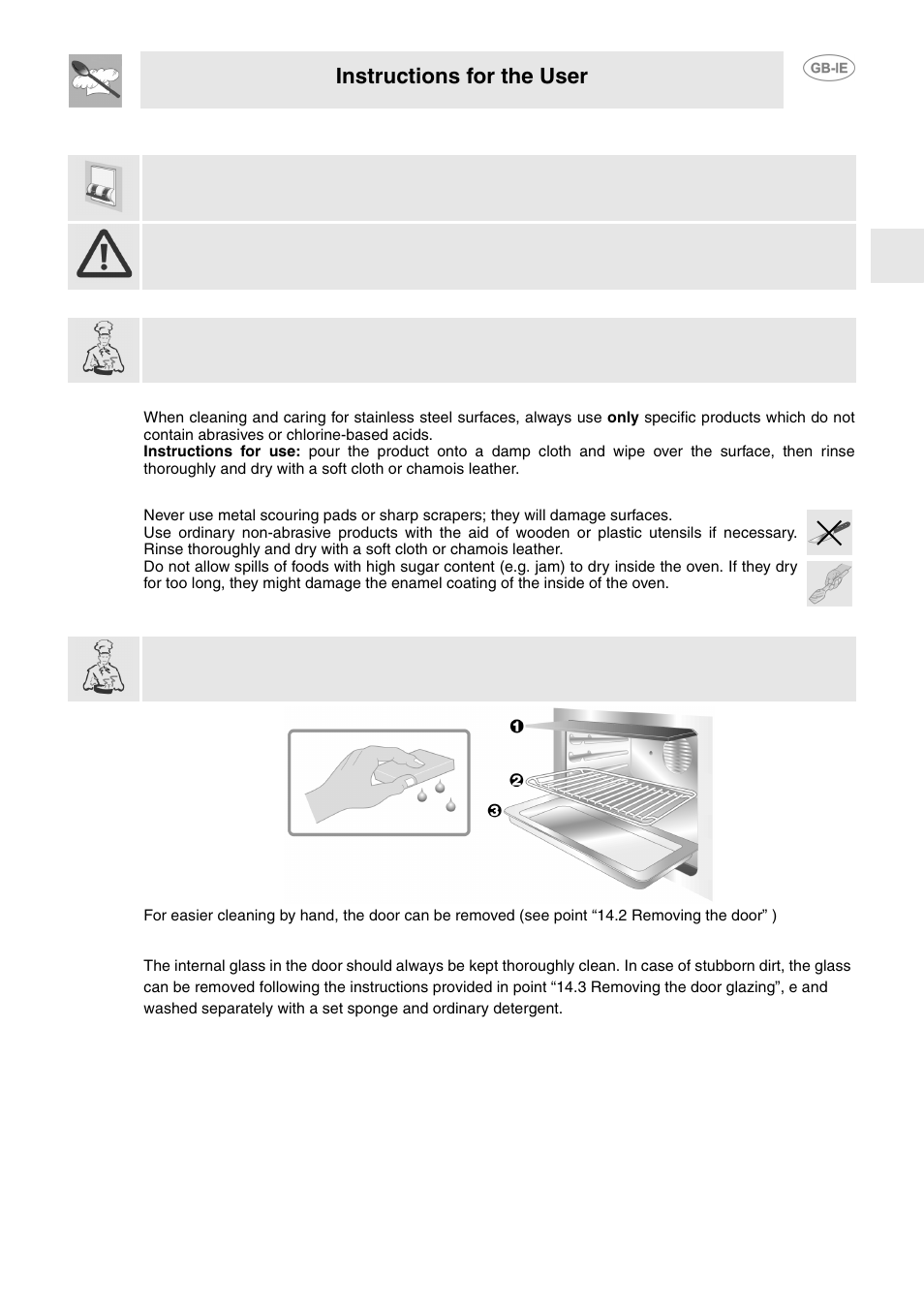Cleaning and maintenance, 1 cleaning stainless steel, 2 routine daily cleaning | 3 food stains or spills, 4 cleaning the oven, 5 cleaning the internal door glazing, E "13. cleaning and maintenance, Instructions for the user | Smeg FP130N User Manual | Page 20 / 27