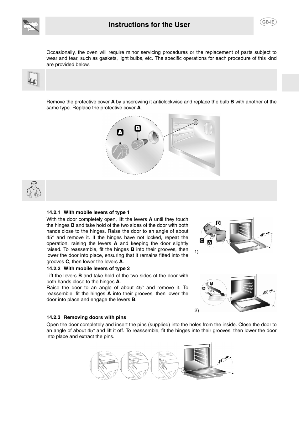 Extraordinary maintenance, 1 changing the light bulb, 2 removing the door | 1 with mobile levers of type 1, 2 with mobile levers of type 2, 3 removing doors with pins, 1 changing the light bulb 14.2 removing the door, Instructions for the user | Smeg FP130N User Manual | Page 24 / 27
