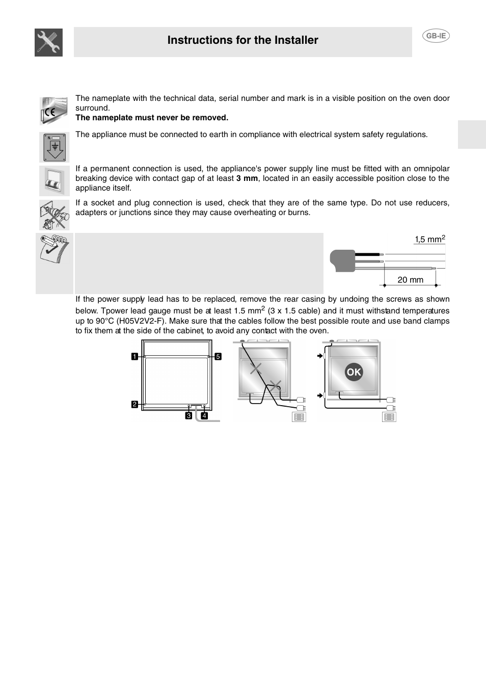 Installing the appliance, 1 electrical connection, Instructions for the installer | Smeg FP130N User Manual | Page 26 / 27