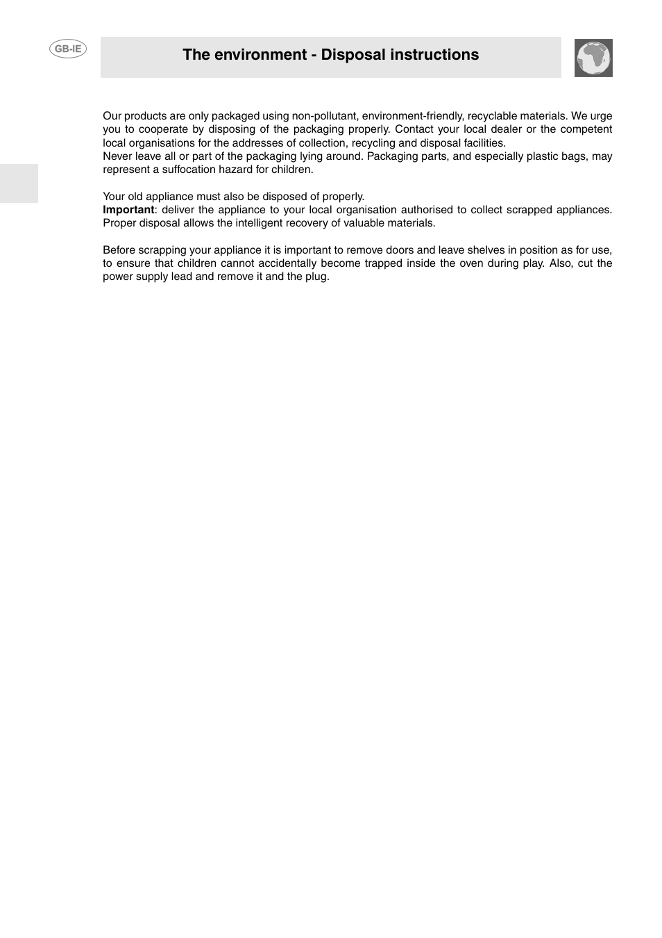 Disposal instructions - our environment policy, The environment - disposal instructions | Smeg FP130N User Manual | Page 3 / 27