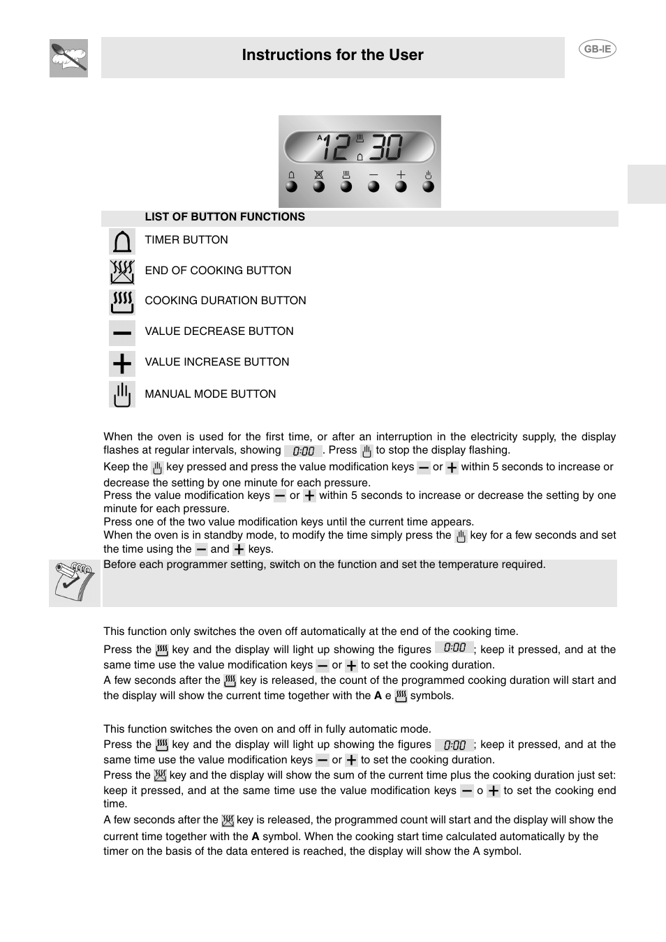 Electronic programmer (on some models only), 1 setting the time, 2 semiautomatic cooking | 3 automatic cooking, Instructions for the user | Smeg FP130N User Manual | Page 8 / 27