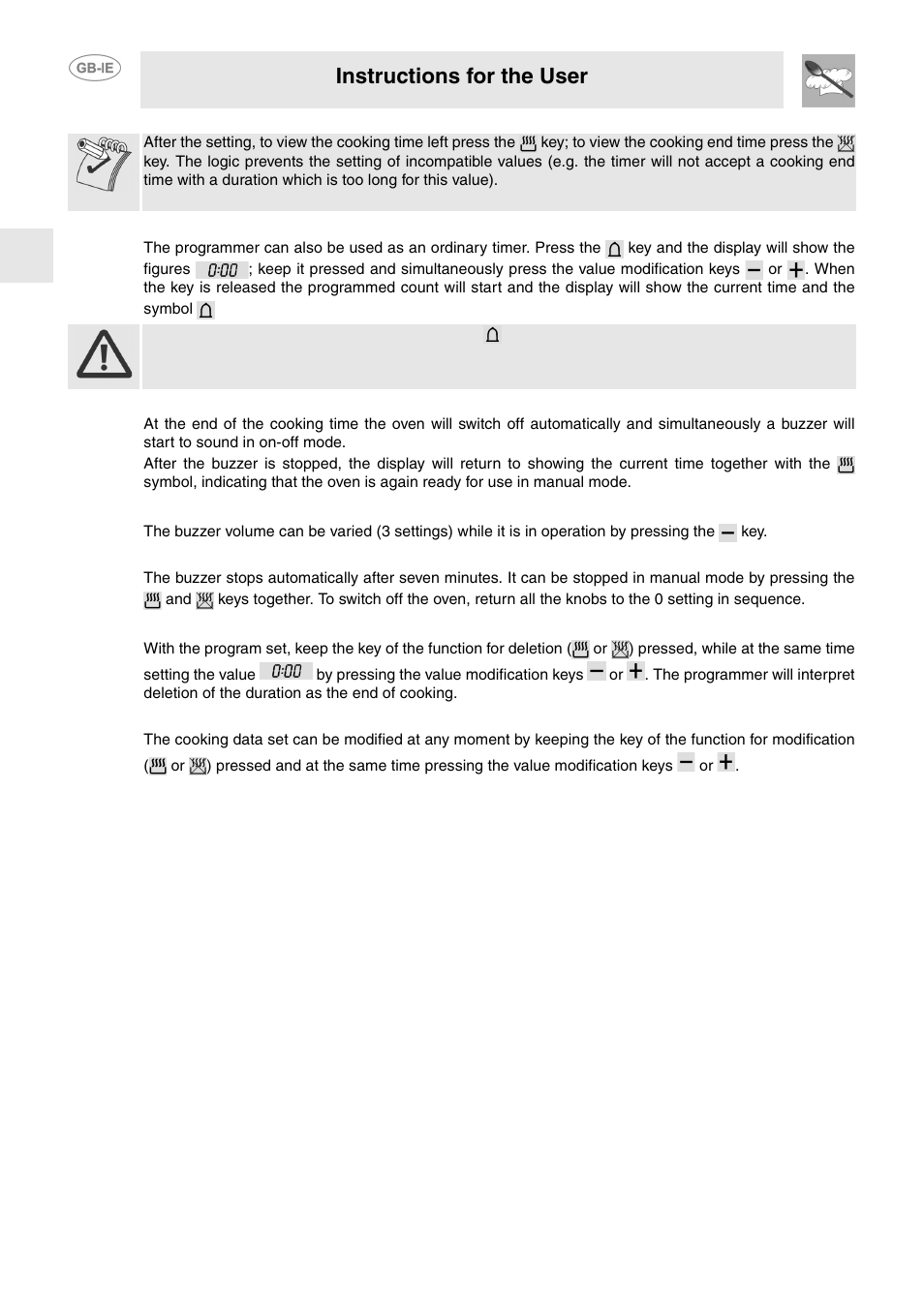 4 timer, 5 end of cooking, 6 adjusting the buzzer volume | 7 stopping the buzzer, 8 deleting the data set, 9 modifying the data set, Instructions for the user | Smeg FP130N User Manual | Page 9 / 27
