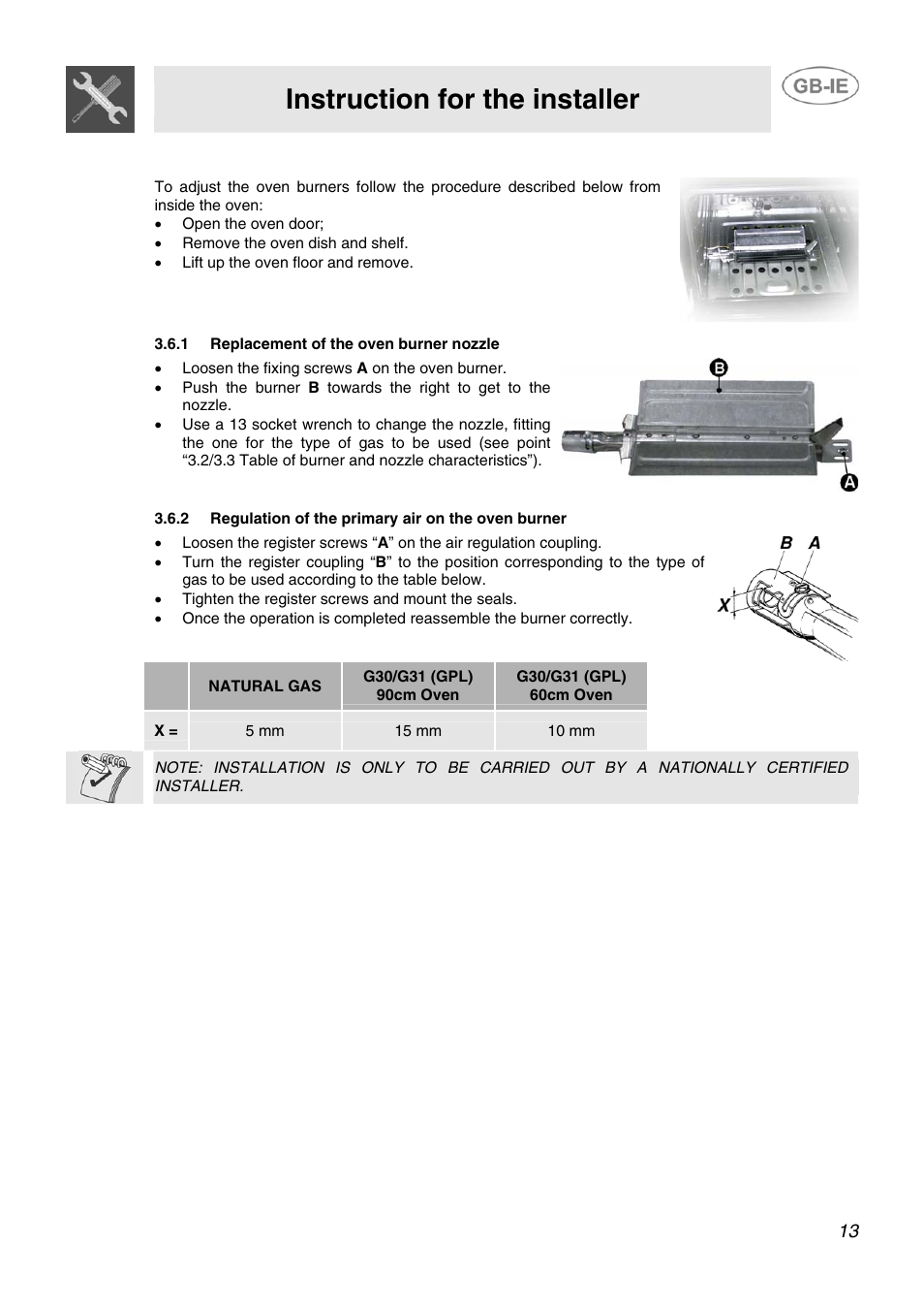 1 replacement of the oven burner nozzle, 2 regulation of the primary air on the oven burner, Instruction for the installer | Smeg SCB60MFX5 User Manual | Page 11 / 28