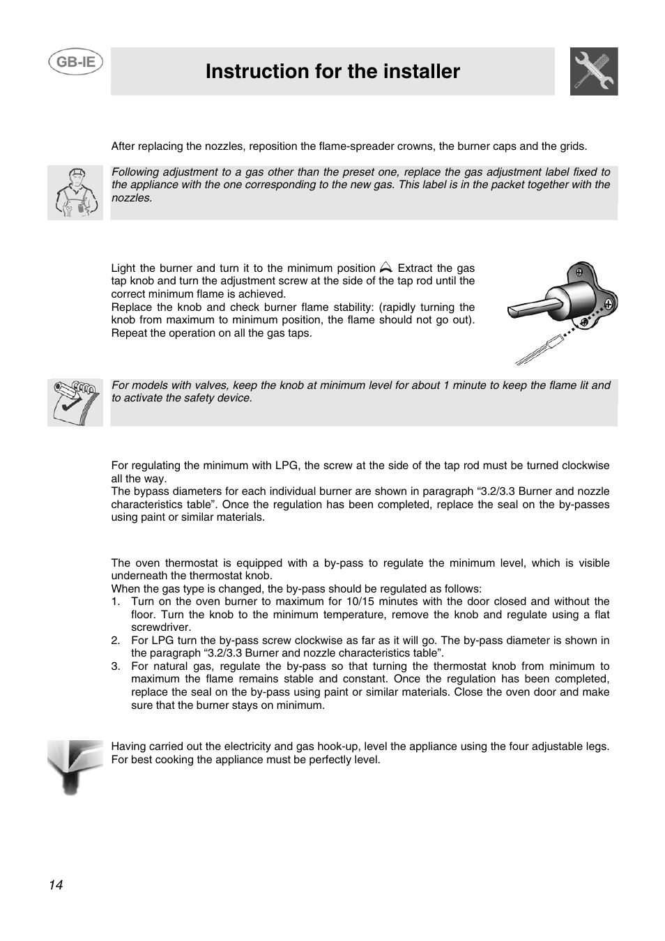 4 final operations, 3 regulation of the oven burner minimum level, 4 positioning and levelling of the appliance | Instruction for the installer | Smeg SCB60MFX5 User Manual | Page 12 / 28