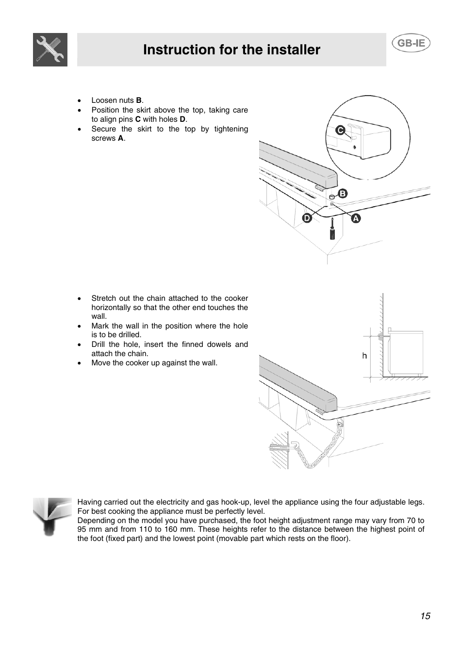 6 wall fixing, 7 positioning and levelling of the appliance, Instruction for the installer | Smeg SCB60MFX5 User Manual | Page 13 / 28