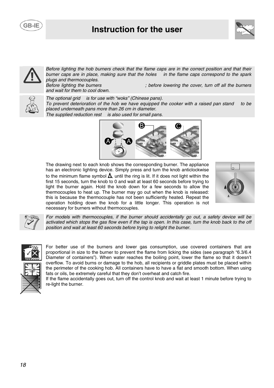 6 use of the cooking hob, 1 lighting of the cooking hob burners, Instruction for the user | Smeg SCB60MFX5 User Manual | Page 16 / 28