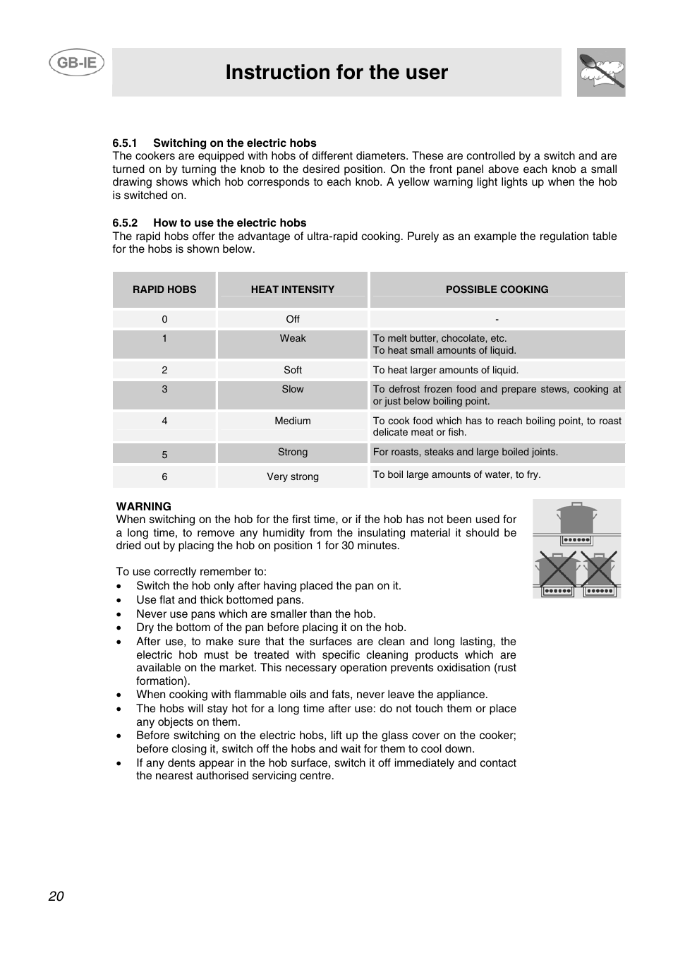 5 switching on the electric hob, 1 switching on the electric hobs, 2 how to use the electric hobs | Instruction for the user, Rapid hobs heat intensity possible cooking, Weak, Soft, Slow, Medium, Strong | Smeg SCB60MFX5 User Manual | Page 18 / 28