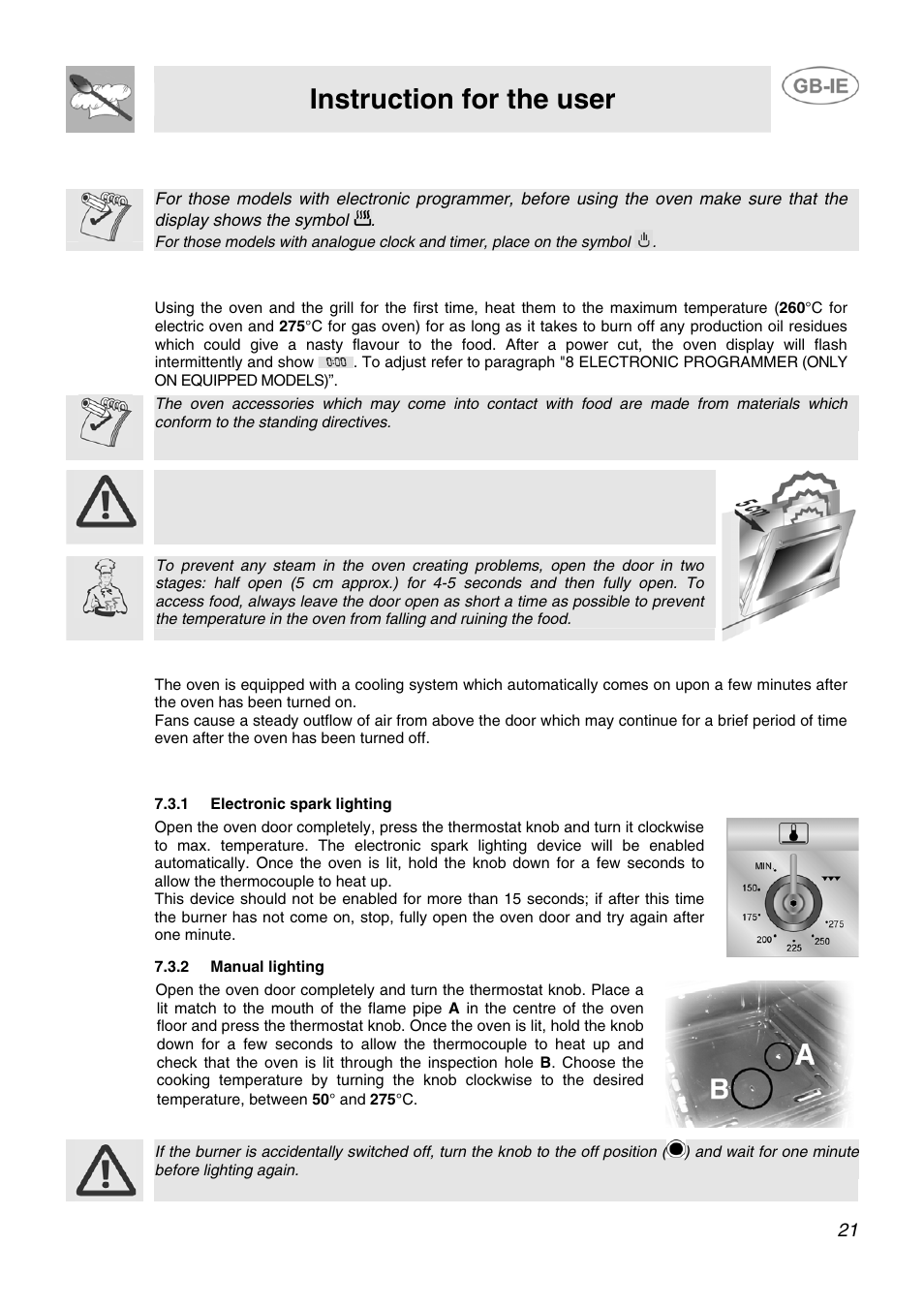 7 use of the oven, 1 warnings and general advice, 2 cooling system | 3 use of the gas oven, 1 electronic spark lighting, 2 manual lighting, Instruction for the user | Smeg SCB60MFX5 User Manual | Page 19 / 28