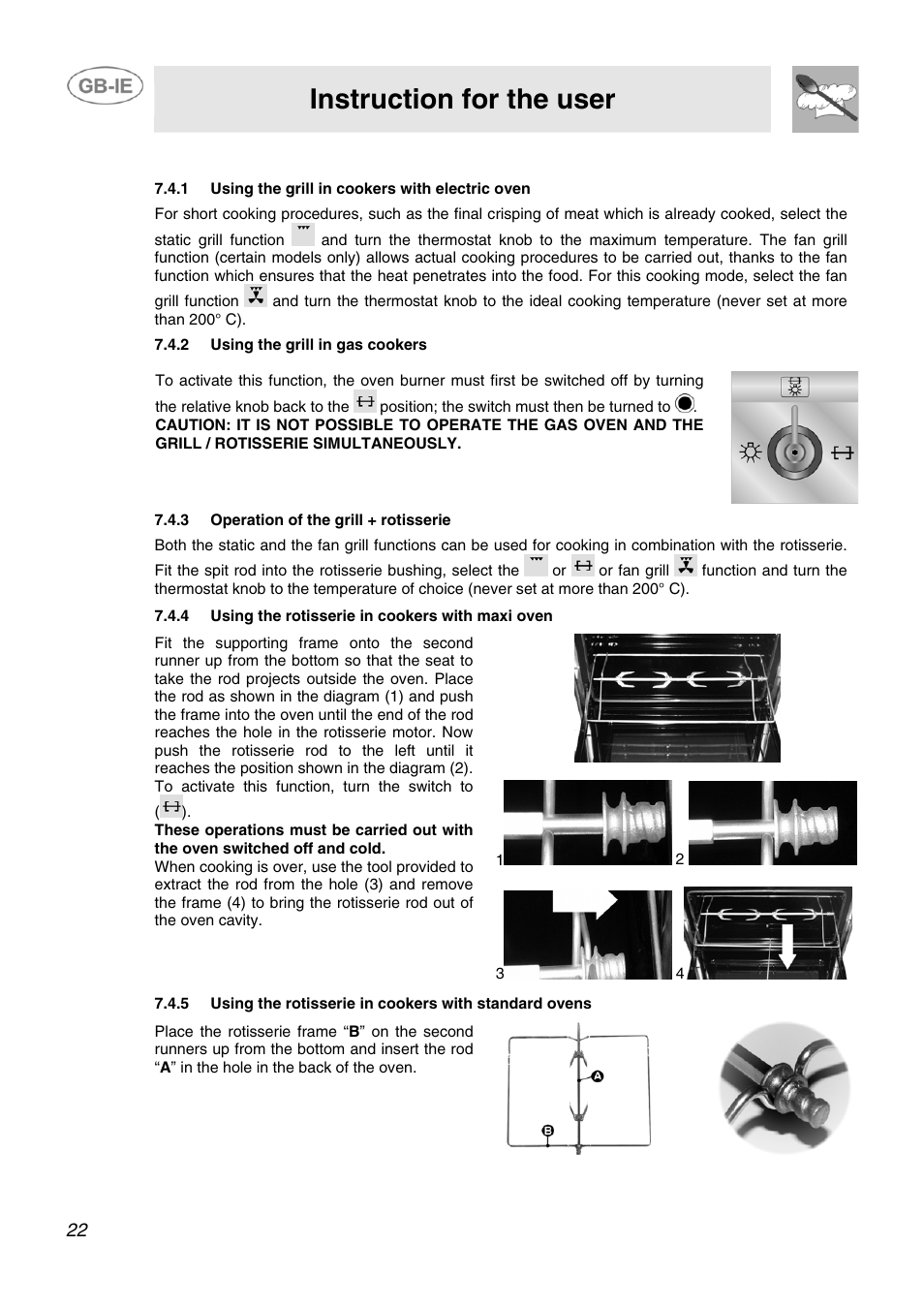 4 use of the electric grill, 1 using the grill in cookers with electric oven, 2 using the grill in gas cookers | 3 operation of the grill + rotisserie, 4 using the rotisserie in cookers with maxi oven, Instruction for the user | Smeg SCB60MFX5 User Manual | Page 20 / 28