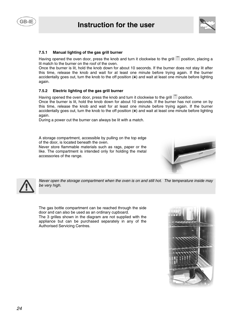 5 use of the gas grill, 1 manual lighting of the gas grill burner, 2 electric lighting of the gas grill burner | 6 storage compartment, 7 gas bottle compartment (certain models only), Instruction for the user | Smeg SCB60MFX5 User Manual | Page 22 / 28