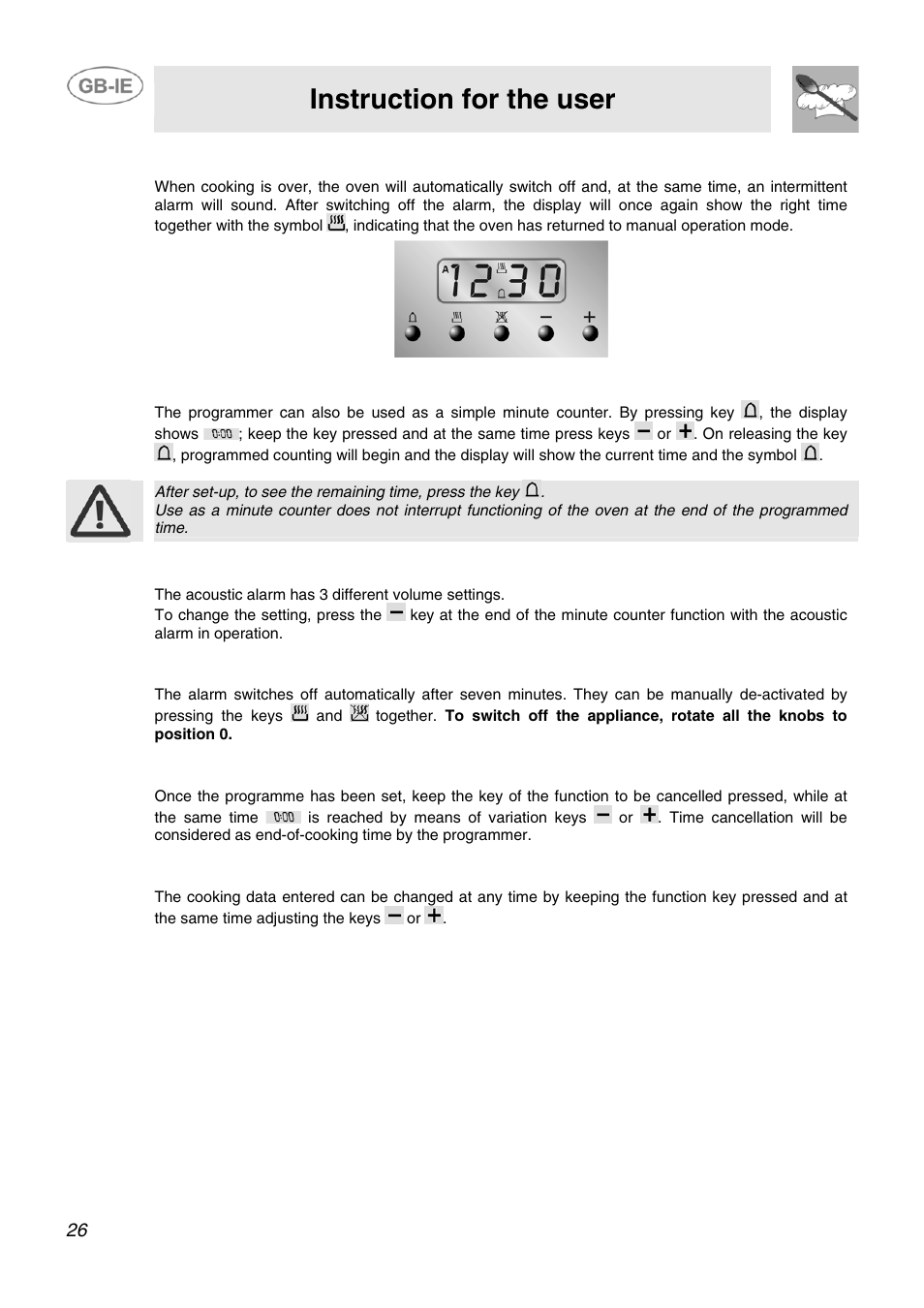 4 end of cooking, 5 minute counter, 6 adjusting alarm volume | 7 switching off the alarm, 8 cancellation of set data, 9 changing the set data, Instruction for the user | Smeg SCB60MFX5 User Manual | Page 24 / 28