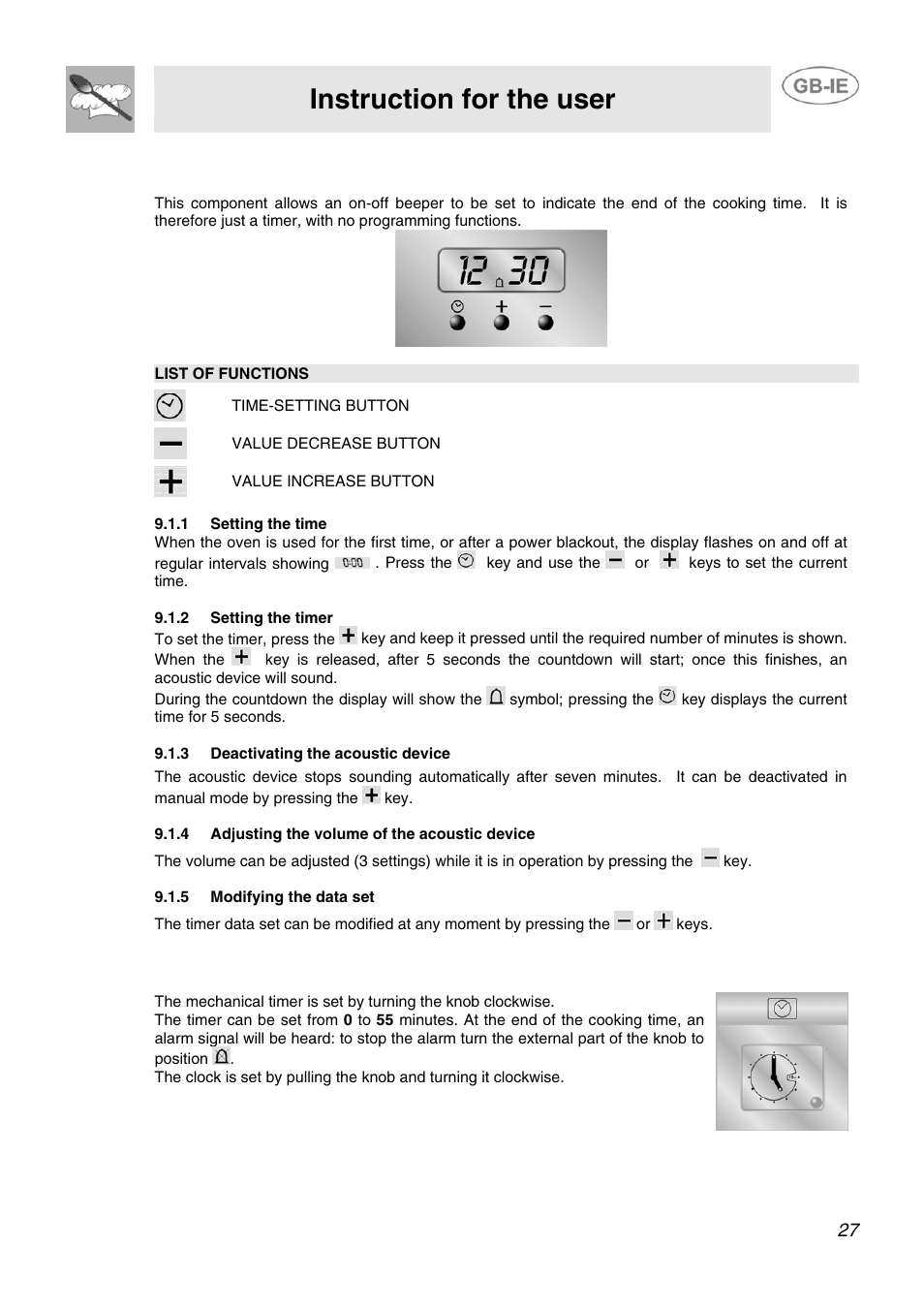 9 digital timer (certain models only), 1 setting the time, 2 setting the timer | 3 deactivating the acoustic device, 4 adjusting the volume of the acoustic device, 5 modifying the data set, 10 analogue clock (only on equipped models), Instruction for the user | Smeg SCB60MFX5 User Manual | Page 25 / 28