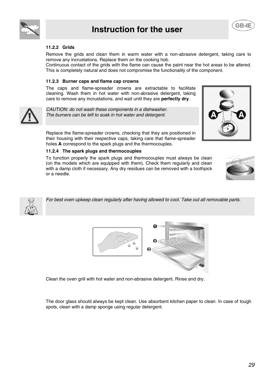 2 grids, 3 burner caps and flame cap crowns, 4 the spark plugs and thermocouples | 3 cleaning of oven, 4 door glass, Instruction for the user | Smeg SCB60MFX5 User Manual | Page 27 / 28