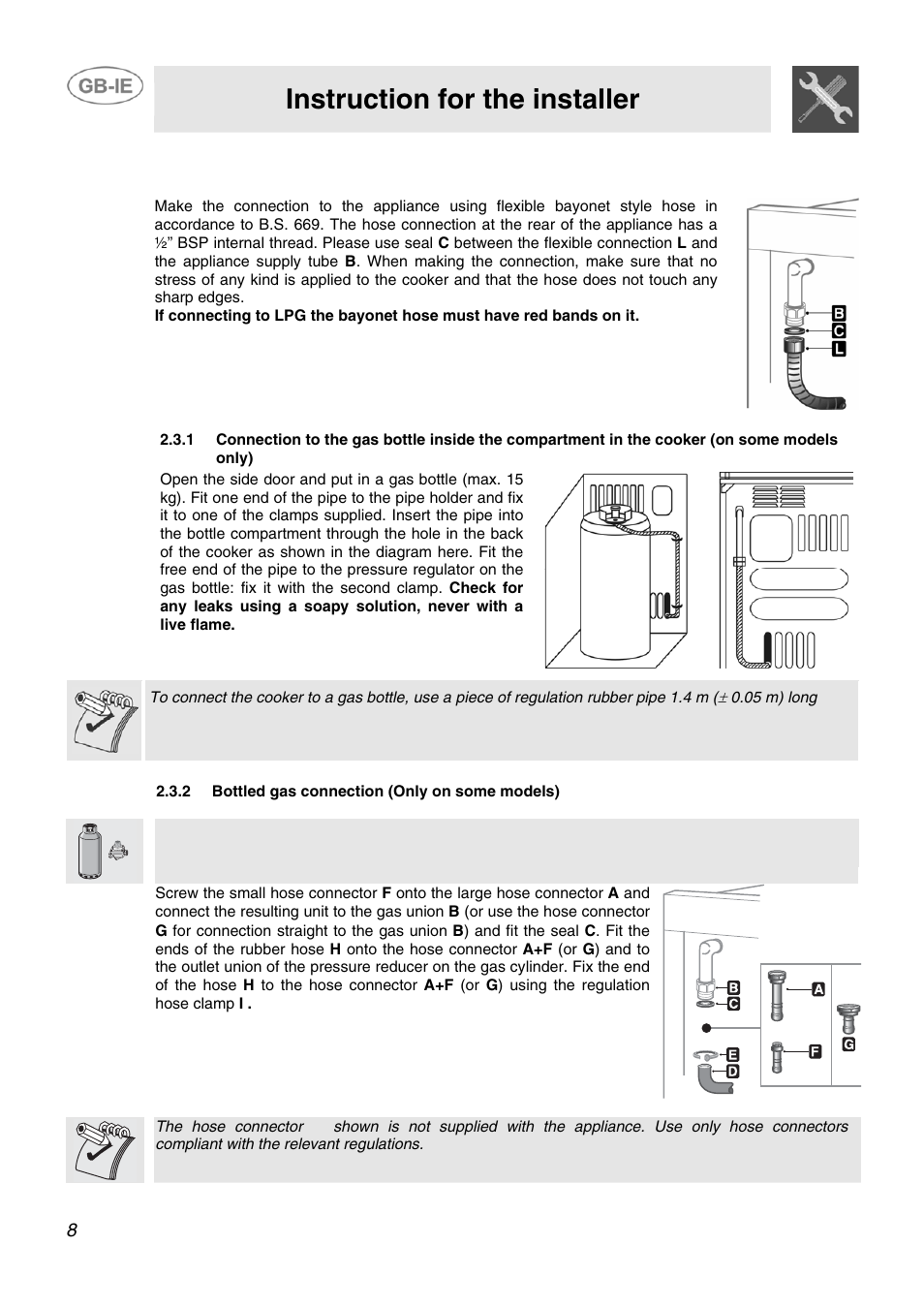 3 connecting to natural and lpg gas, Please see connection diagram), 2 bottled gas connection (only on some models) | Instruction for the installer | Smeg SCB60MFX5 User Manual | Page 6 / 28