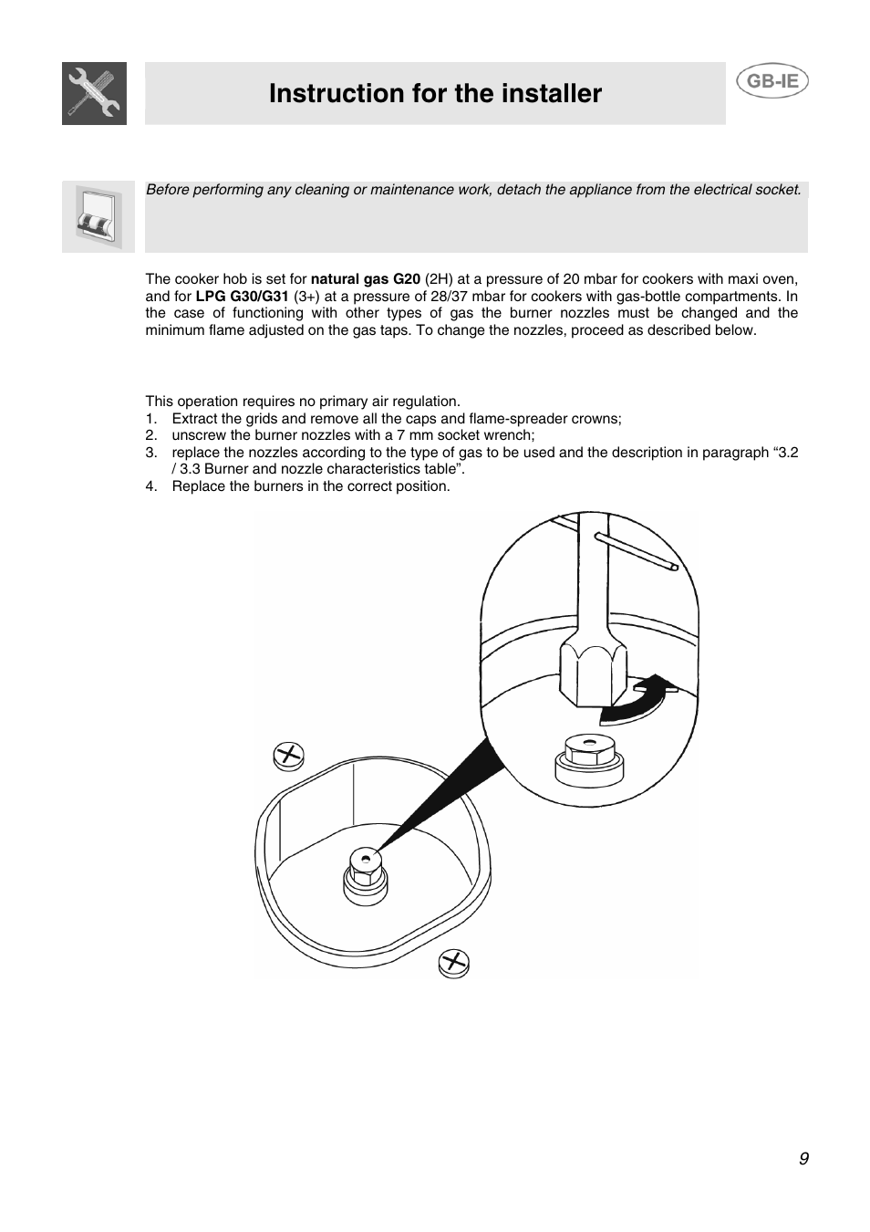 3 adaptation to different types of gas, 1 replacement of nozzles on the hob, Instruction for the installer | Smeg SCB60MFX5 User Manual | Page 7 / 28