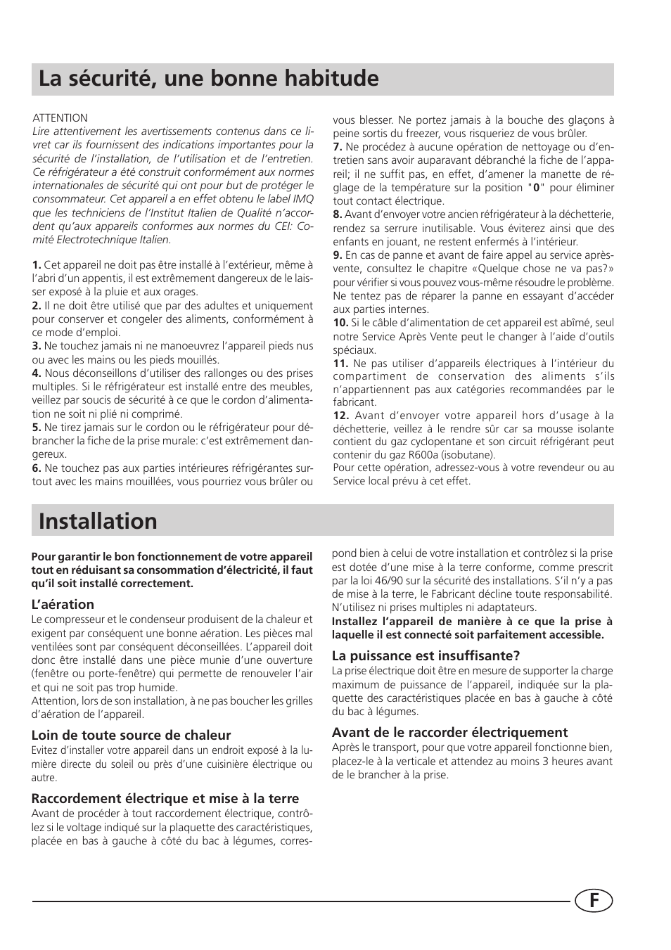 La sécurité, une bonne habitude installation | Smeg CR330A User Manual | Page 21 / 61