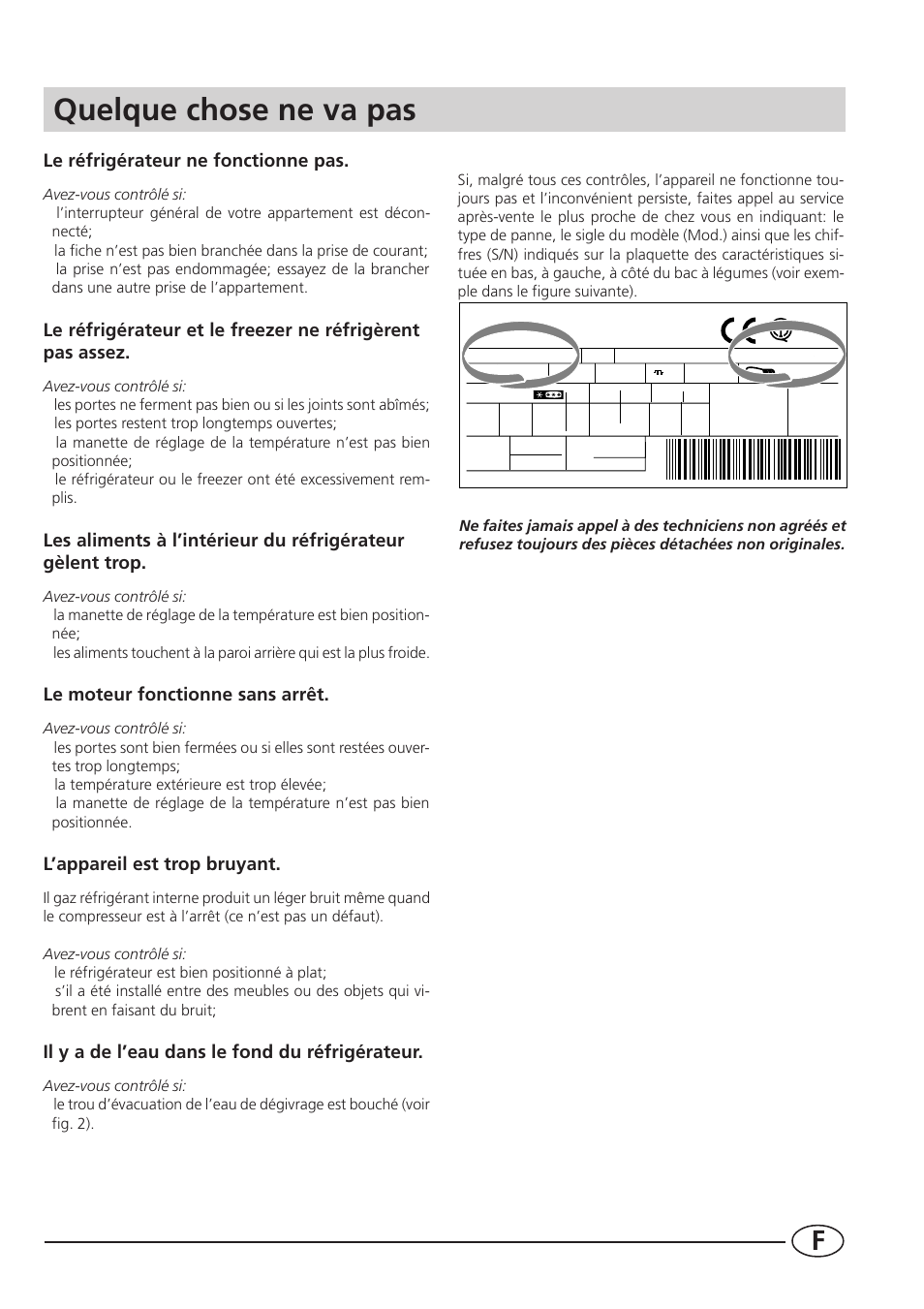 Quelque chose ne va pas, Le réfrigérateur ne fonctionne pas, Le moteur fonctionne sans arrêt | L’appareil est trop bruyant, Il y a de l’eau dans le fond du réfrigérateur | Smeg CR330A User Manual | Page 29 / 61