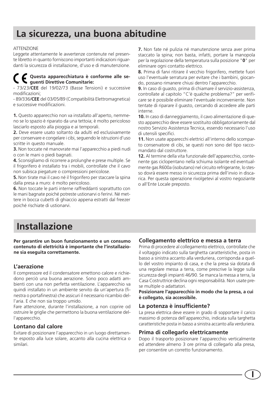 La sicurezza, una buona abitudine, Installazione | Smeg CR330A User Manual | Page 3 / 61